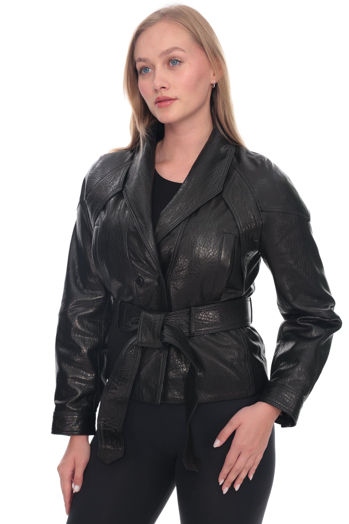 Selvara Black Genuine Leather Belted Blazer Jacket