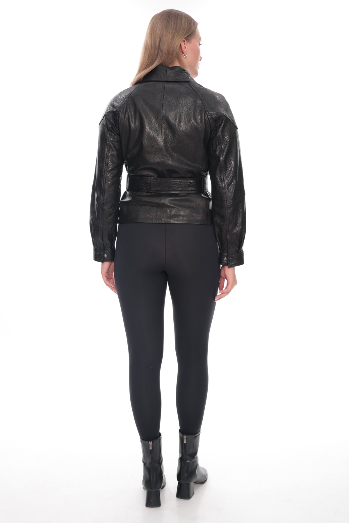 Selvara Black Genuine Leather Belted Blazer Jacket
