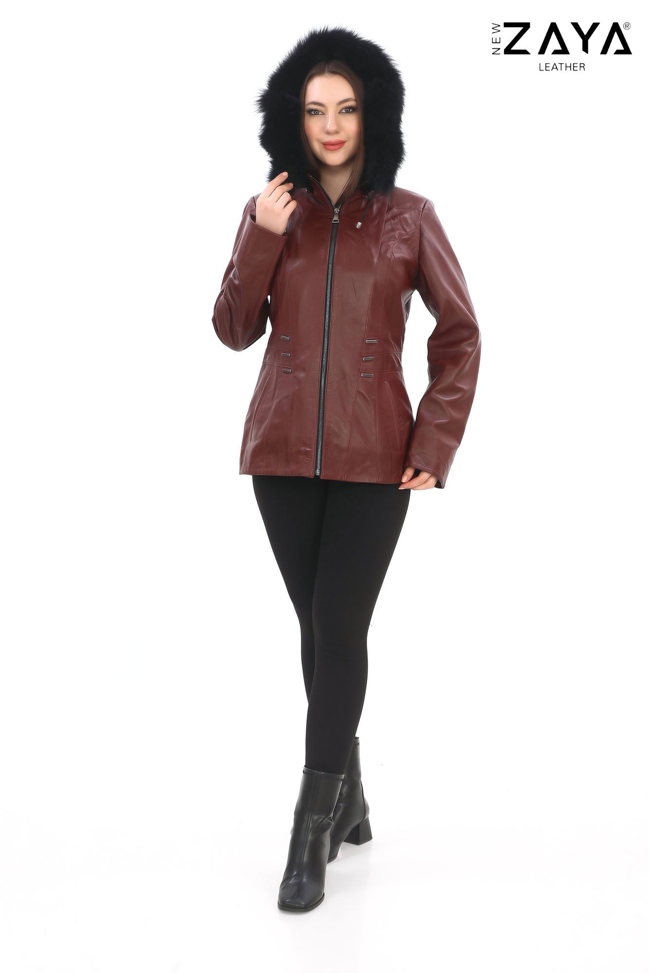ELIVE BORDEAUX Fur Hooded Leather Jacket