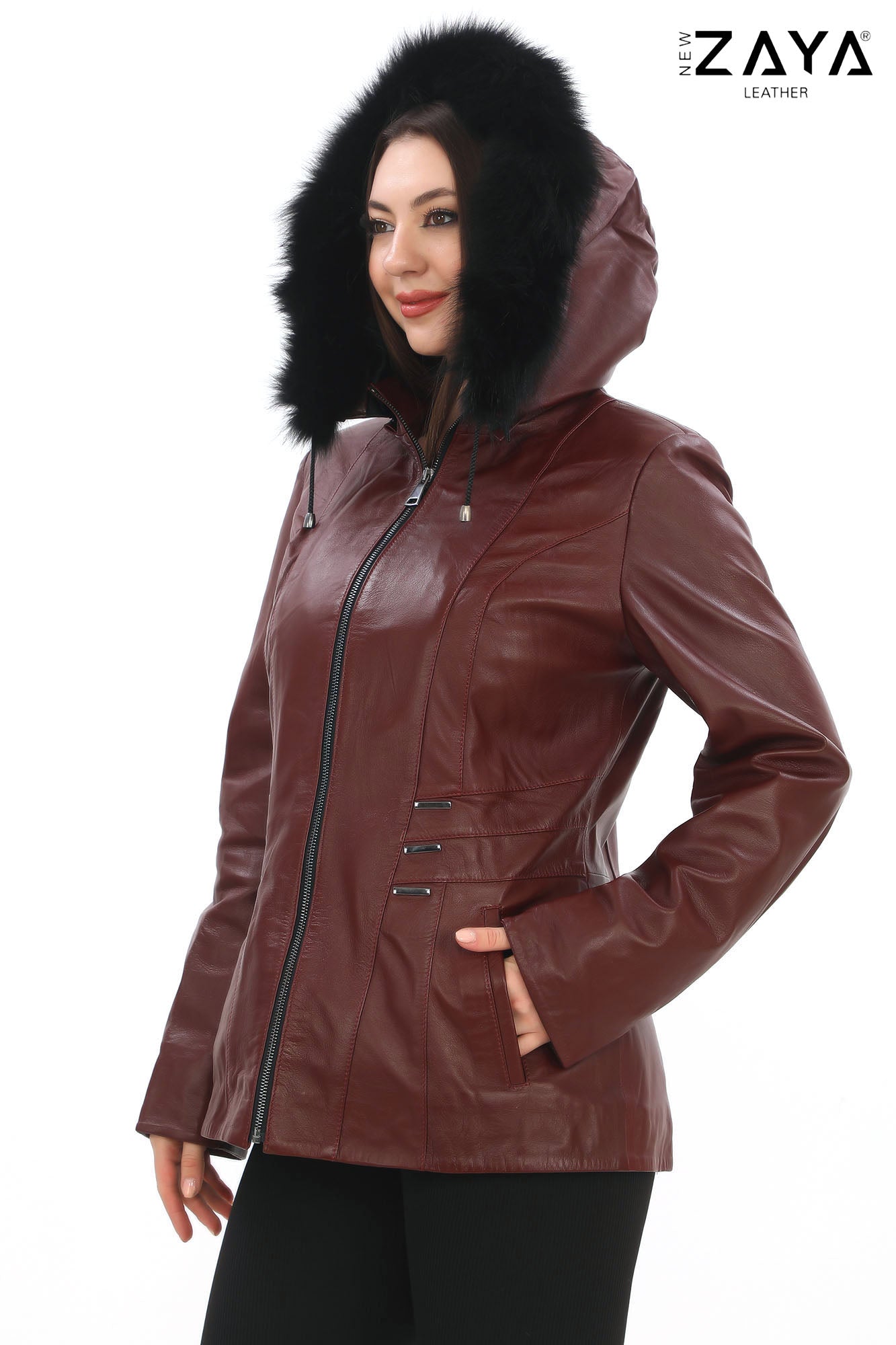 ELIVE BORDEAUX Fur Hooded Leather Jacket
