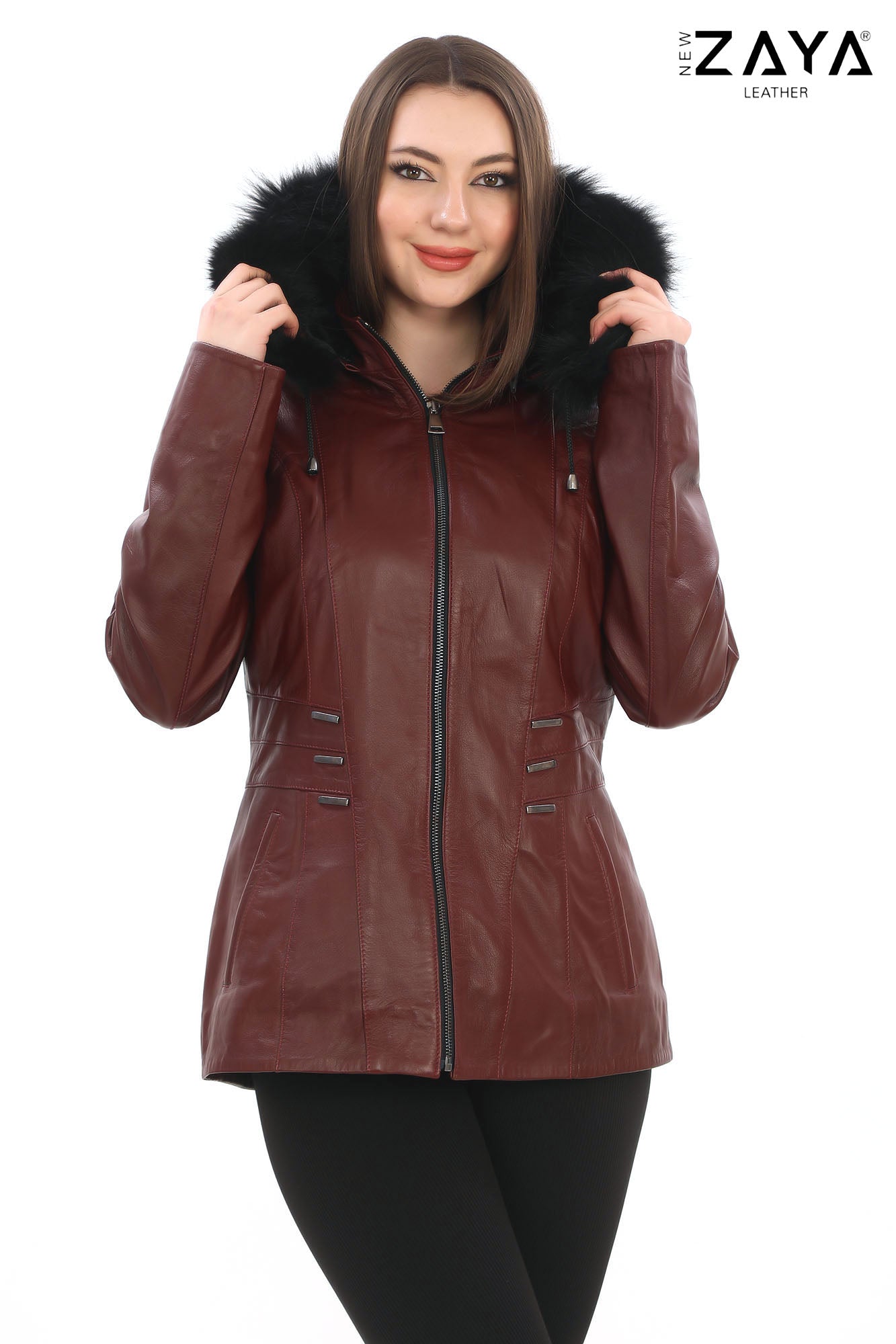 ELIVE BORDEAUX Fur Hooded Leather Jacket