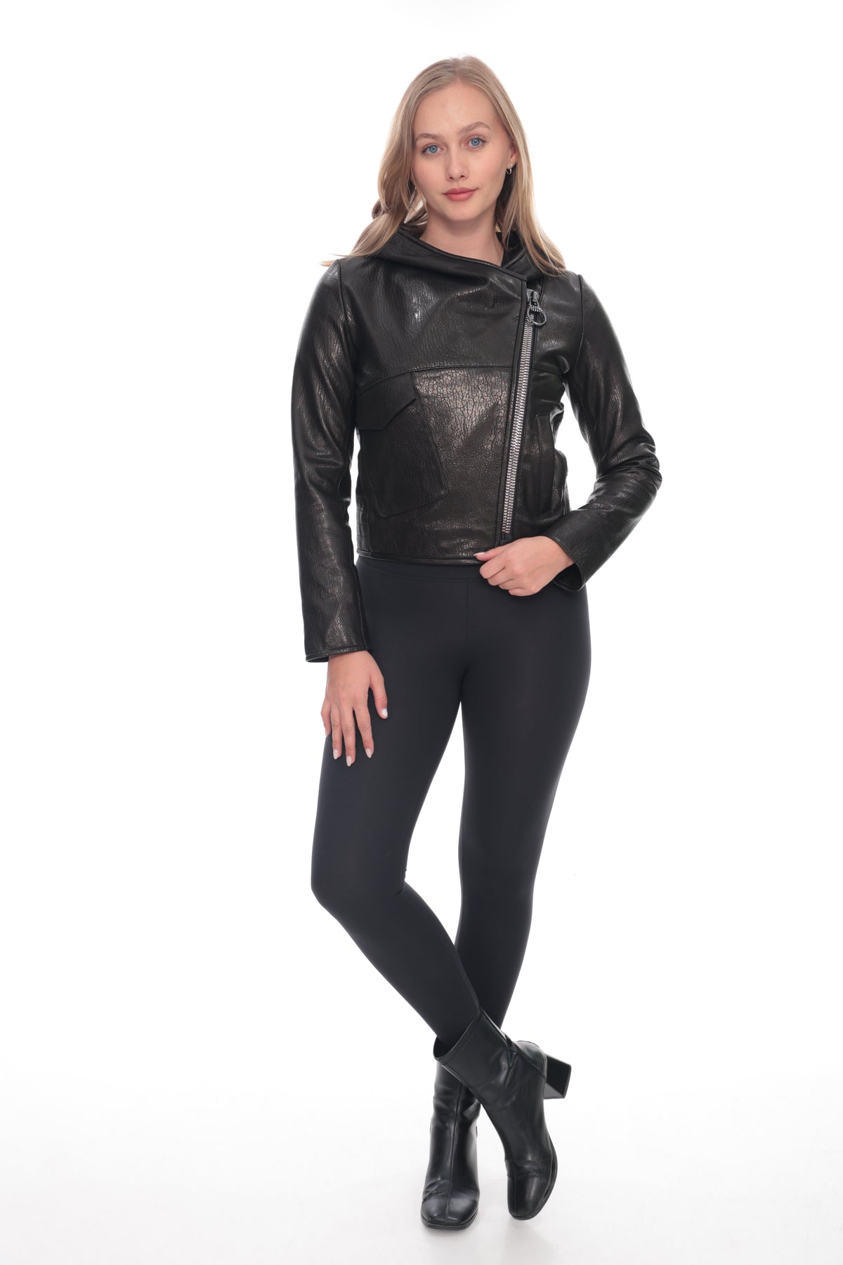 Arvena Black Genuine Leather Hooded Asymmetric Zip Jacket