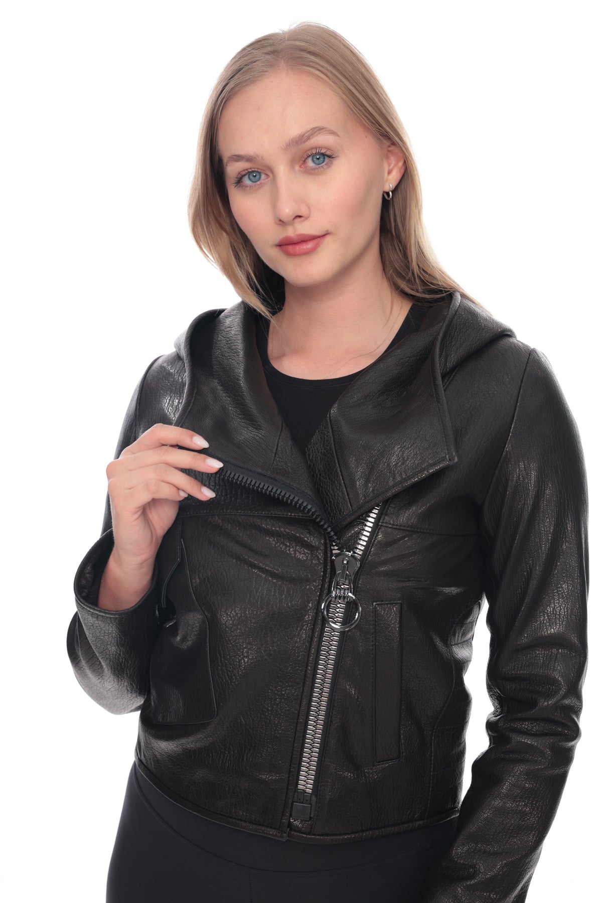 Arvena Black Genuine Leather Hooded Asymmetric Zip Jacket