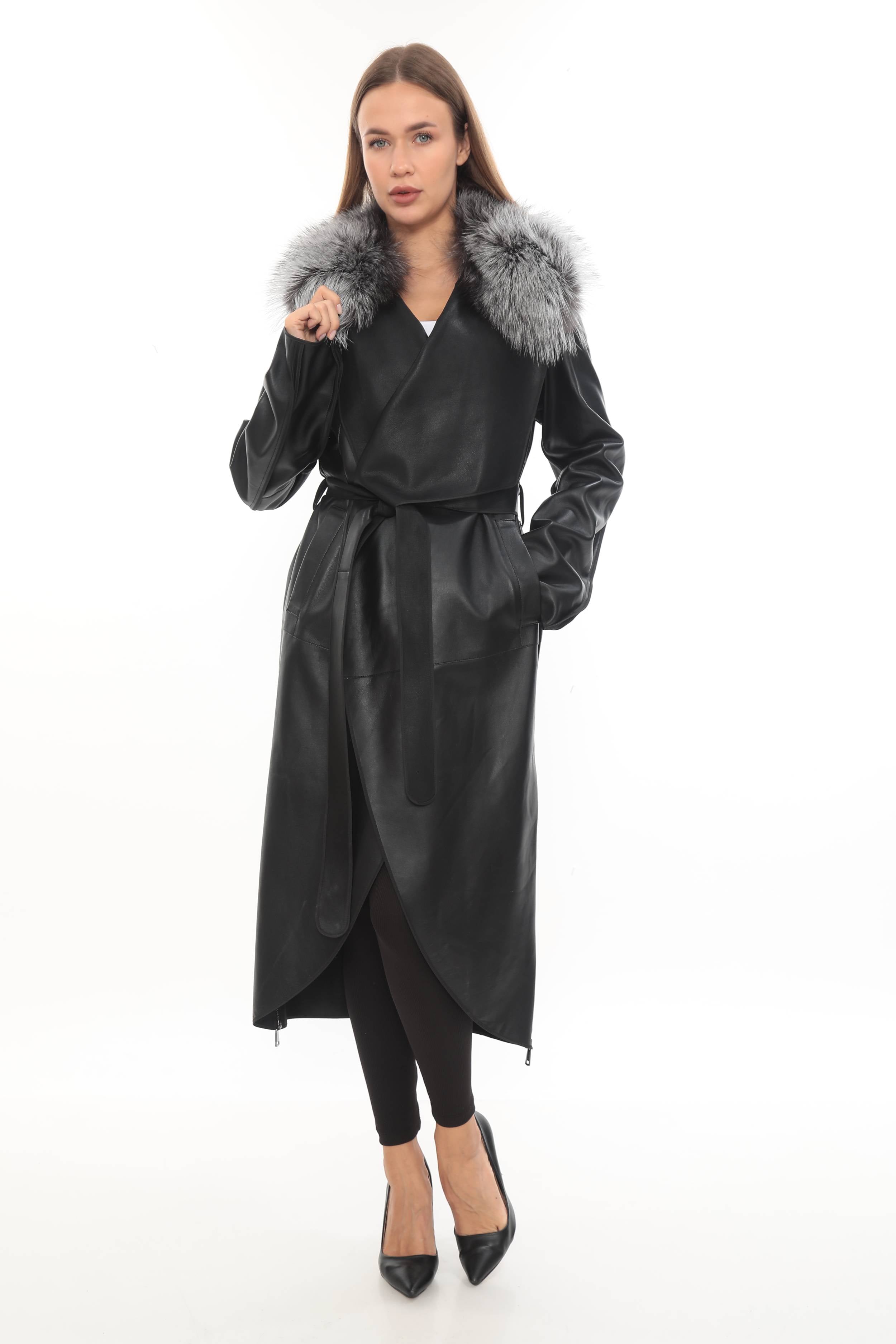 FREYA - REAL FOX FUR COLLAR BLACK GENUINE LAMBSKIN LEATHER LONG COAT