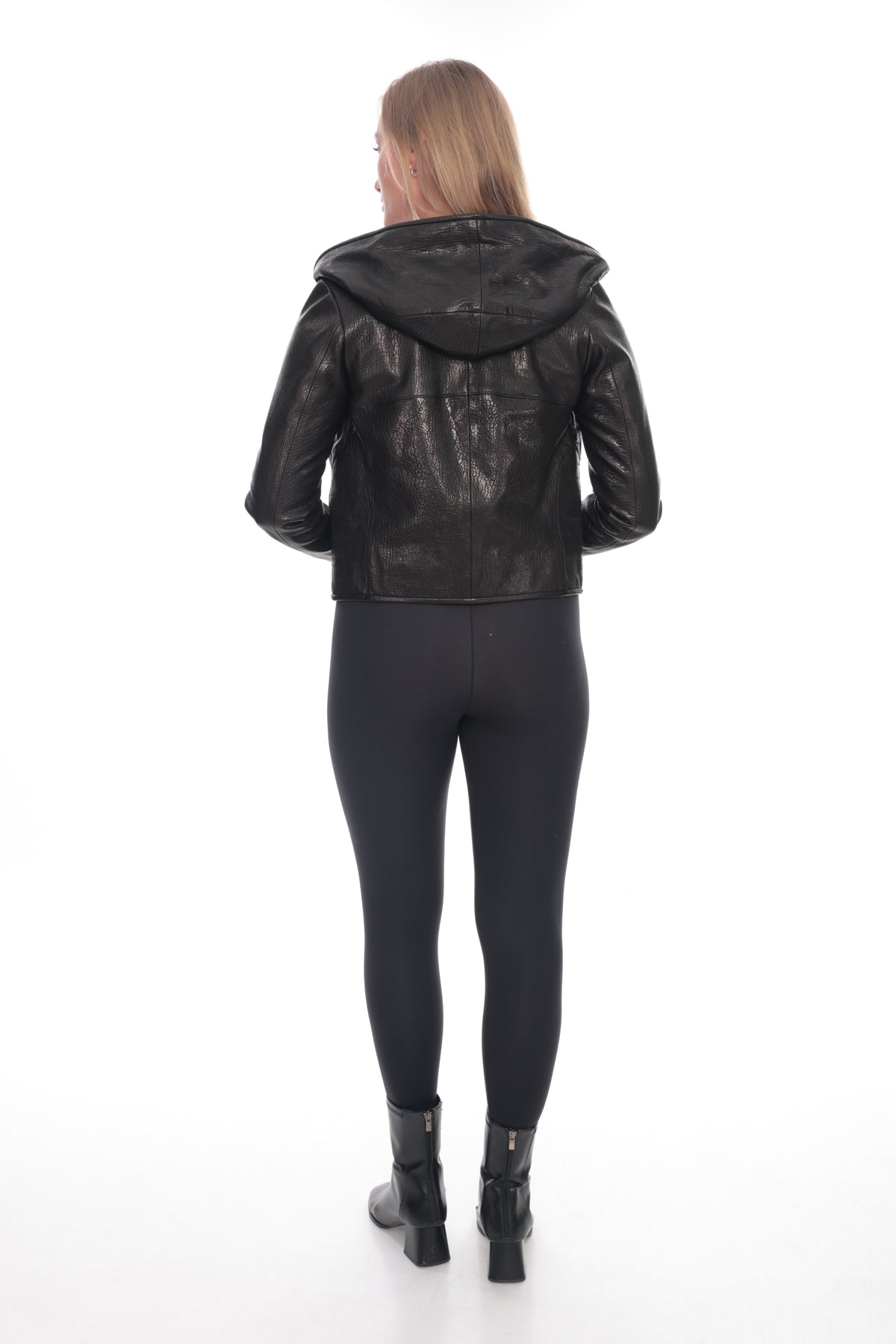 Arvena Black Genuine Leather Hooded Asymmetric Zip Jacket