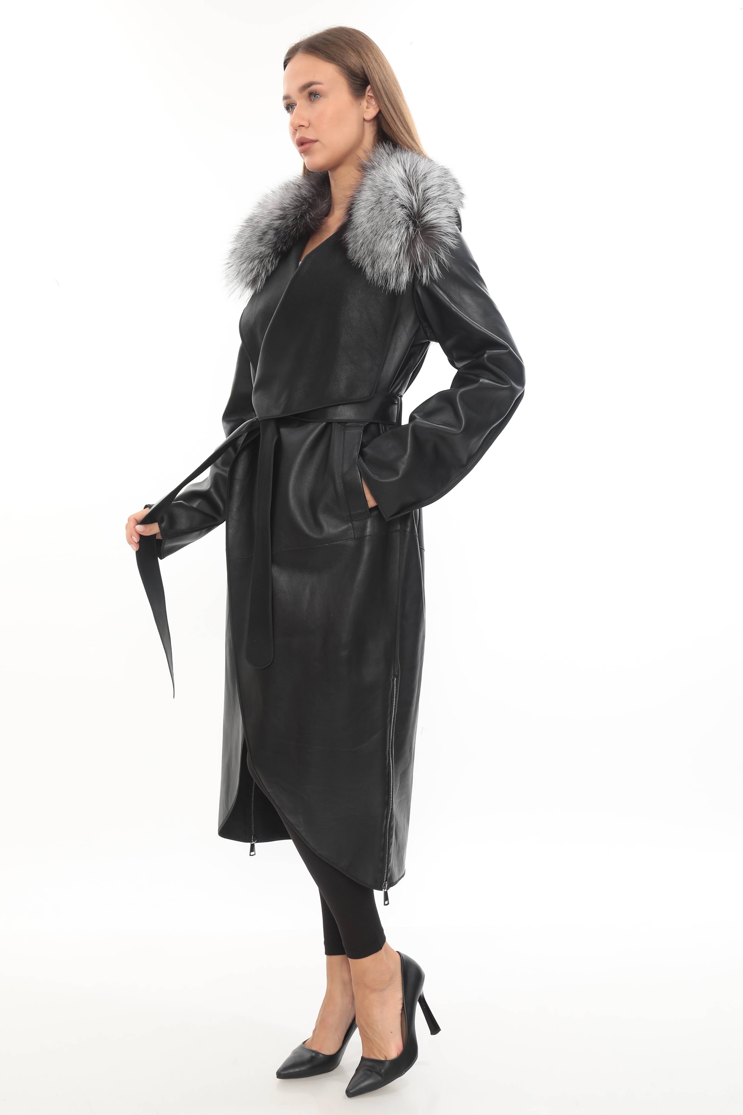 FREYA - REAL FOX FUR COLLAR BLACK GENUINE LAMBSKIN LEATHER LONG COAT