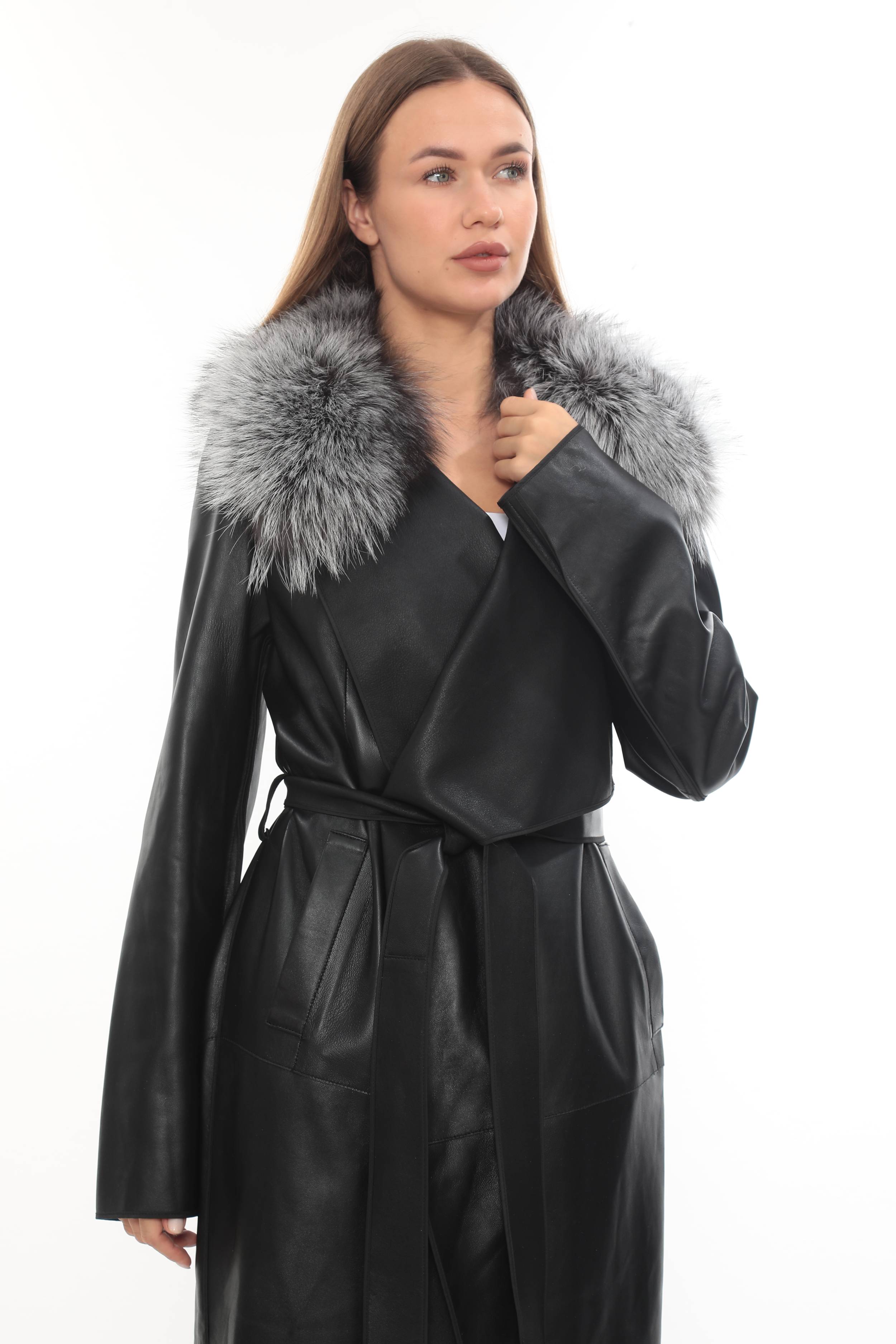 FREYA - REAL FOX FUR COLLAR BLACK GENUINE LAMBSKIN LEATHER LONG COAT