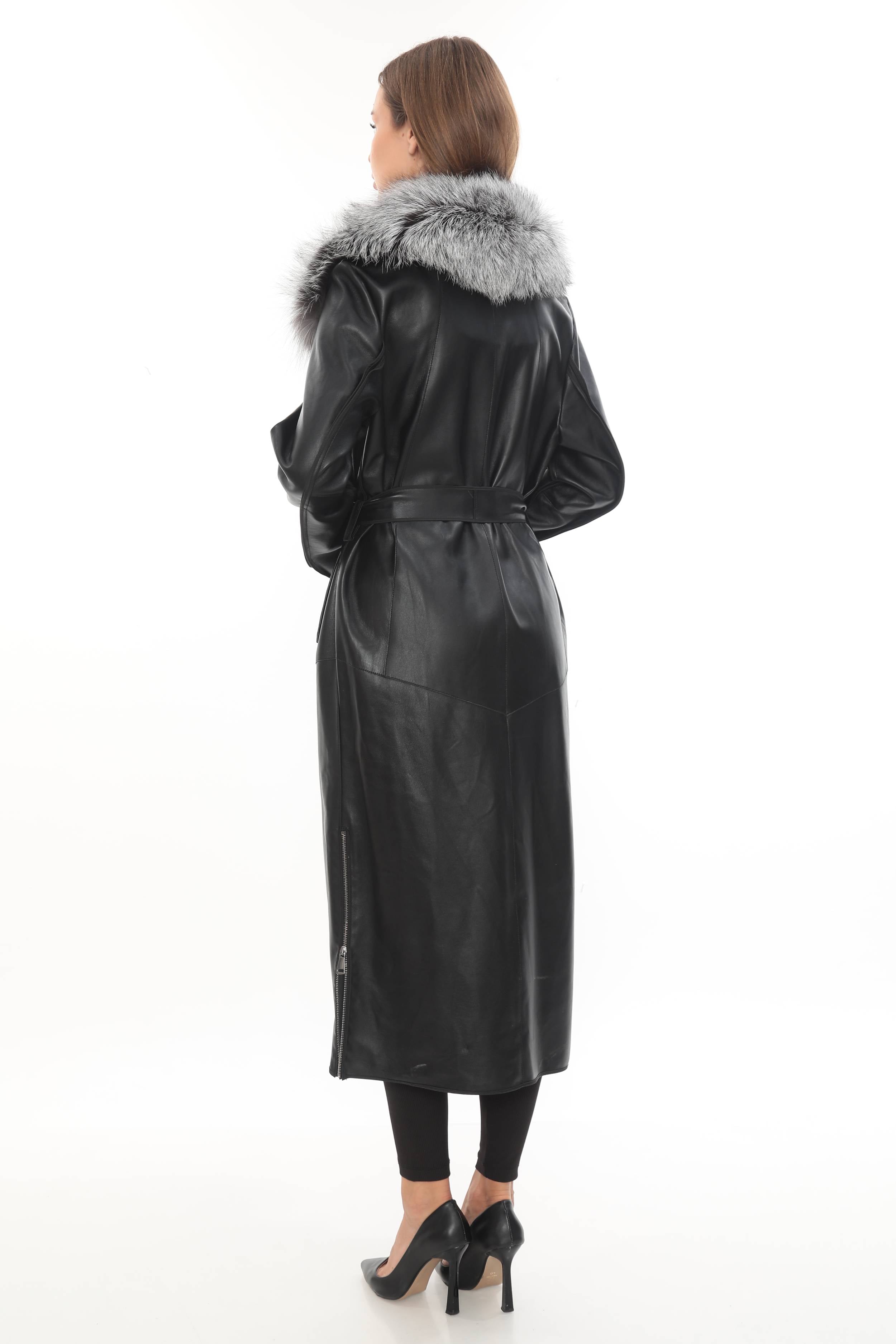 FREYA - REAL FOX FUR COLLAR BLACK GENUINE LAMBSKIN LEATHER LONG COAT