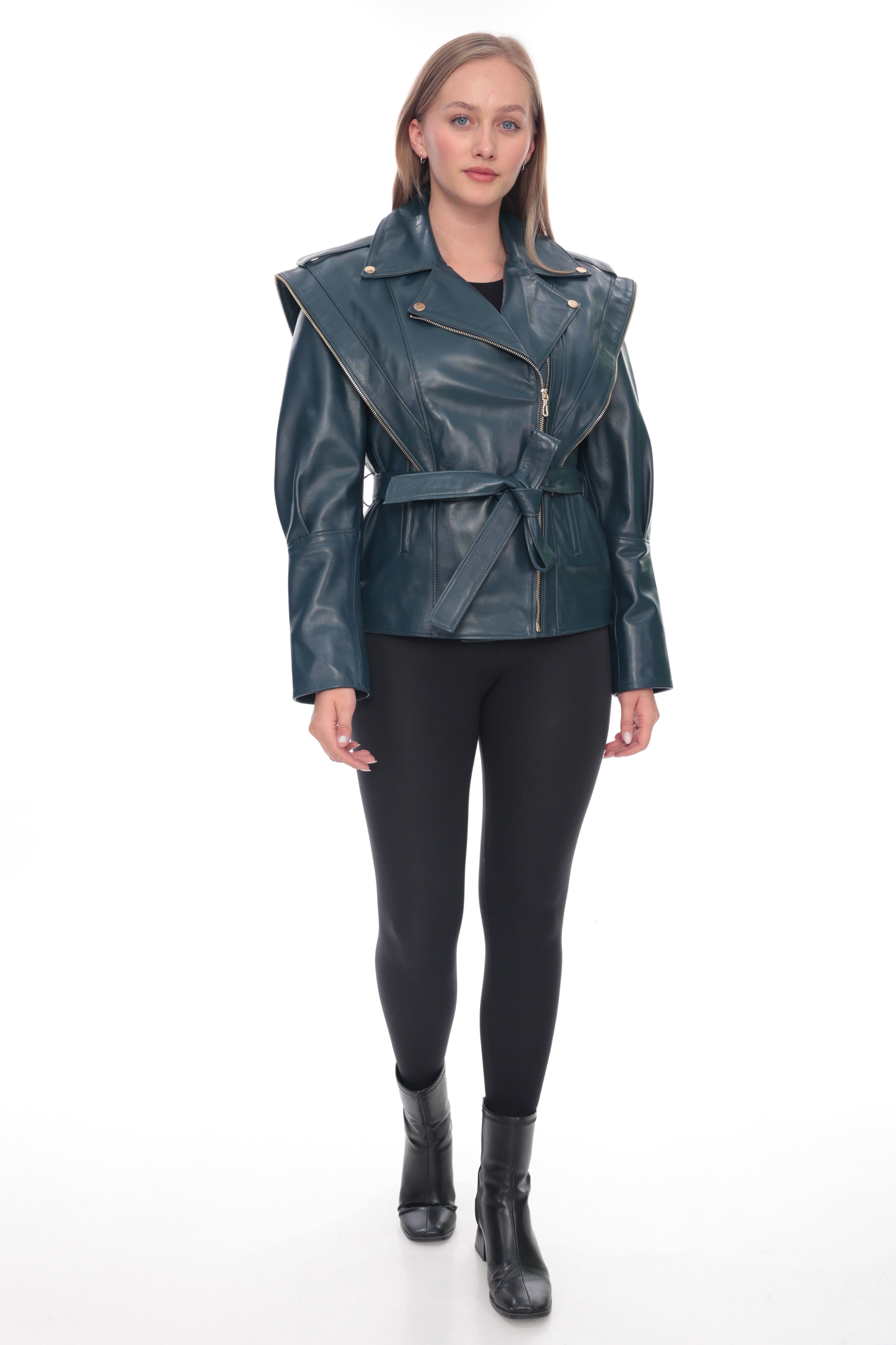 Petrol Blue Belted Genuine Leather Jacket with Zip Shoulder Detail