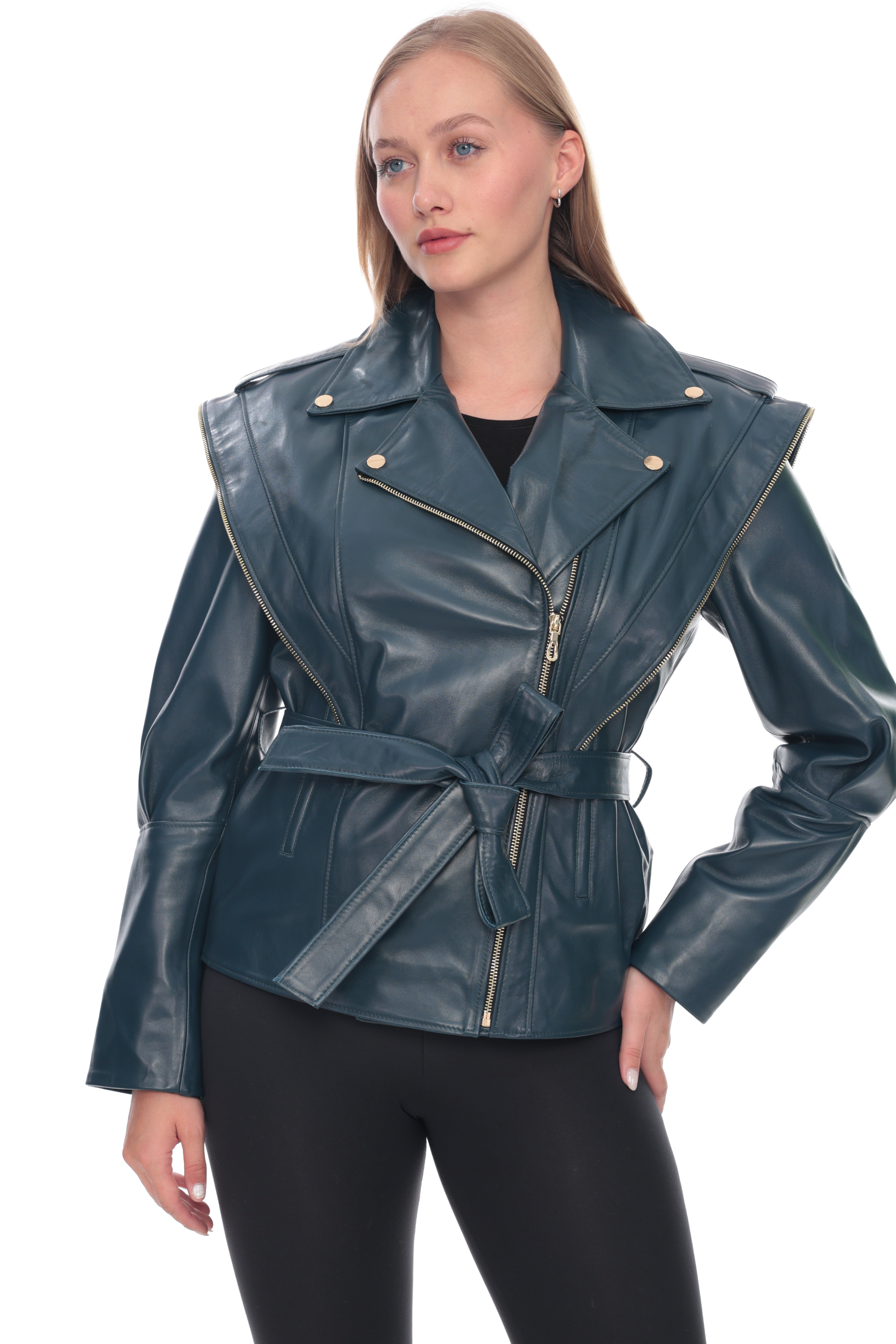 Petrol Blue Belted Genuine Leather Jacket with Zip Shoulder Detail