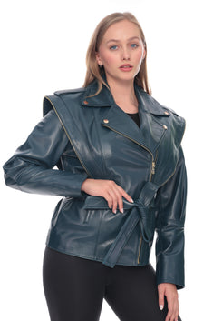 Petrol Blue Belted Genuine Leather Jacket with Zip Shoulder Detail