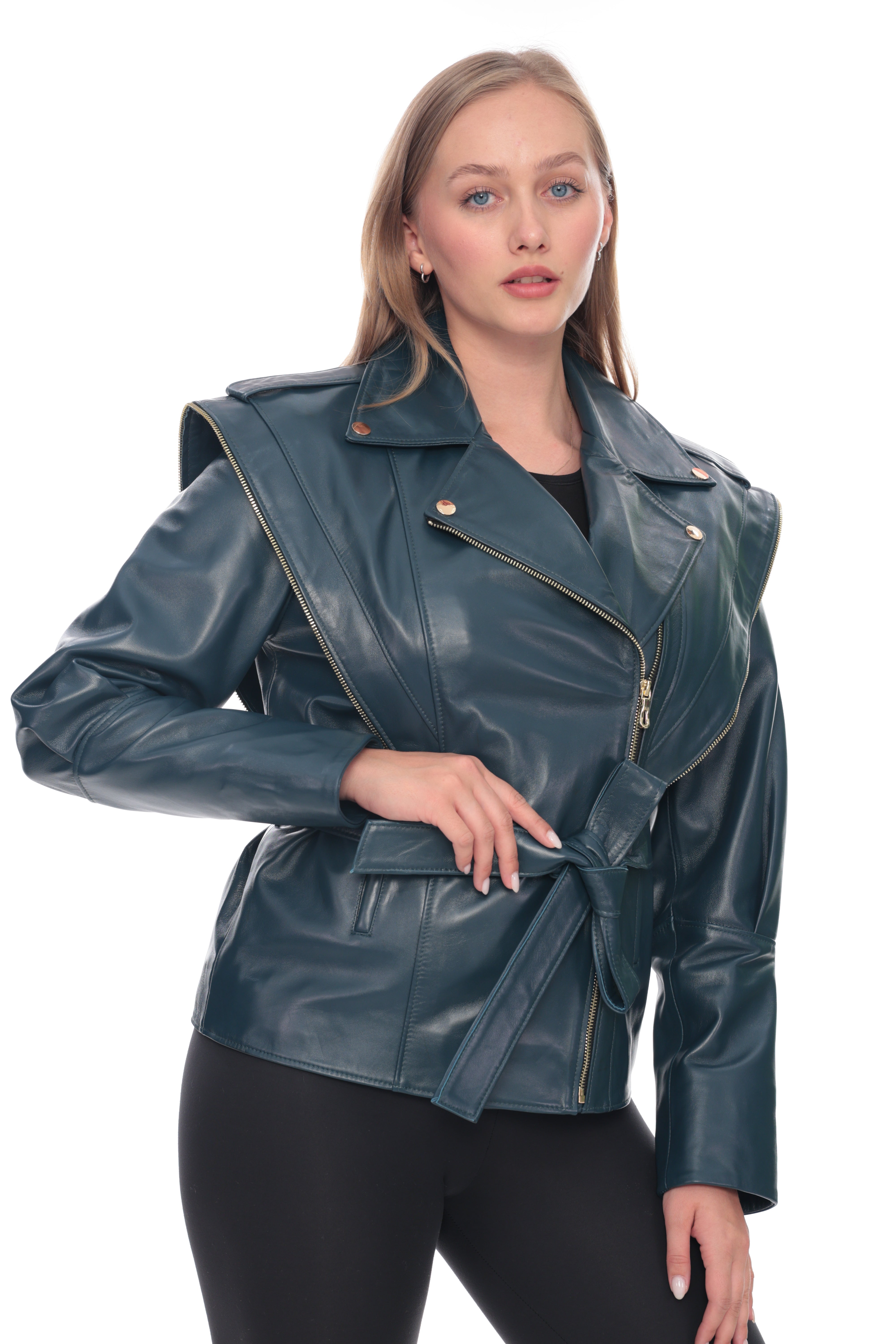 Petrol Blue Belted Genuine Leather Jacket with Zip Shoulder Detail