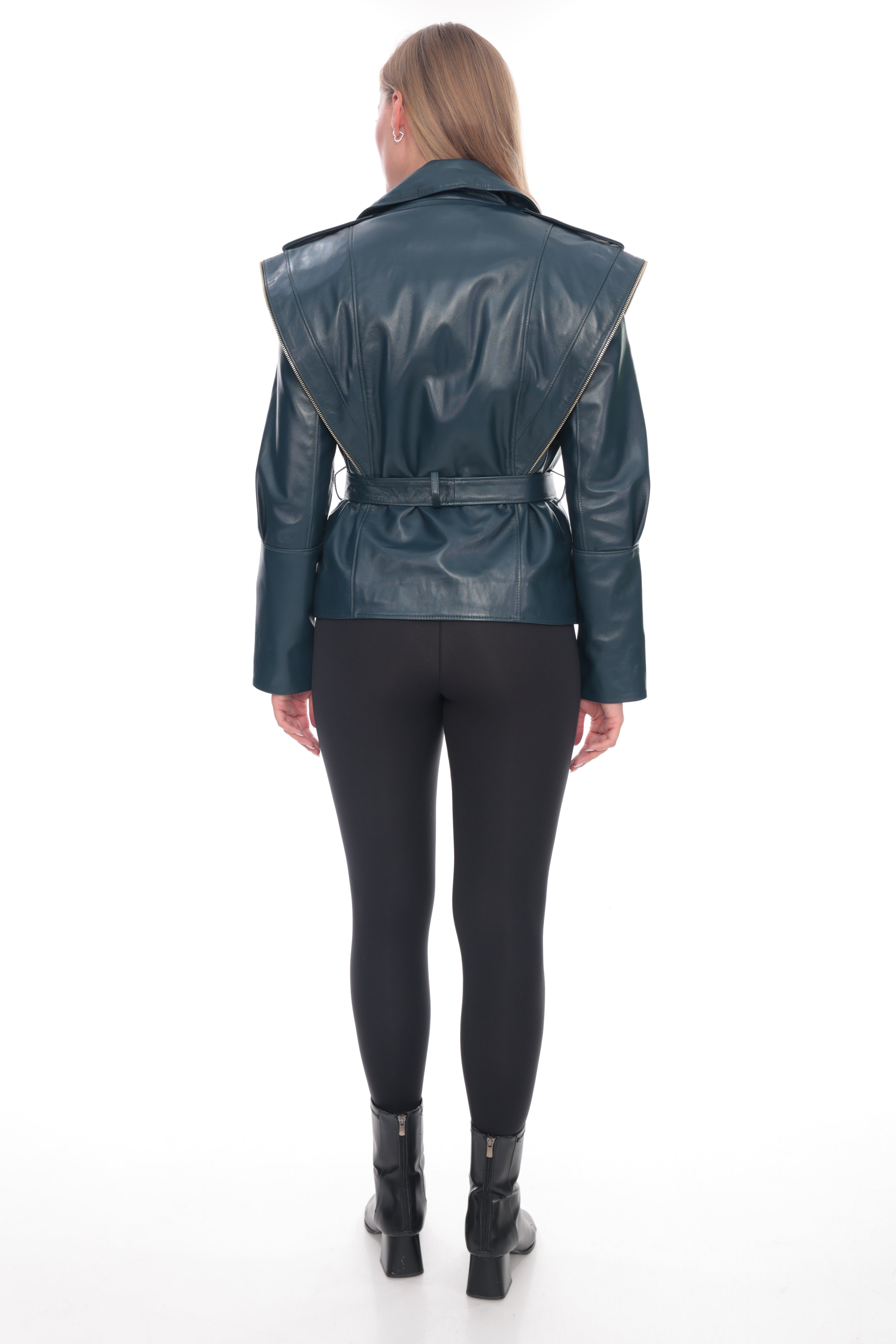 Petrol Blue Belted Genuine Leather Jacket with Zip Shoulder Detail