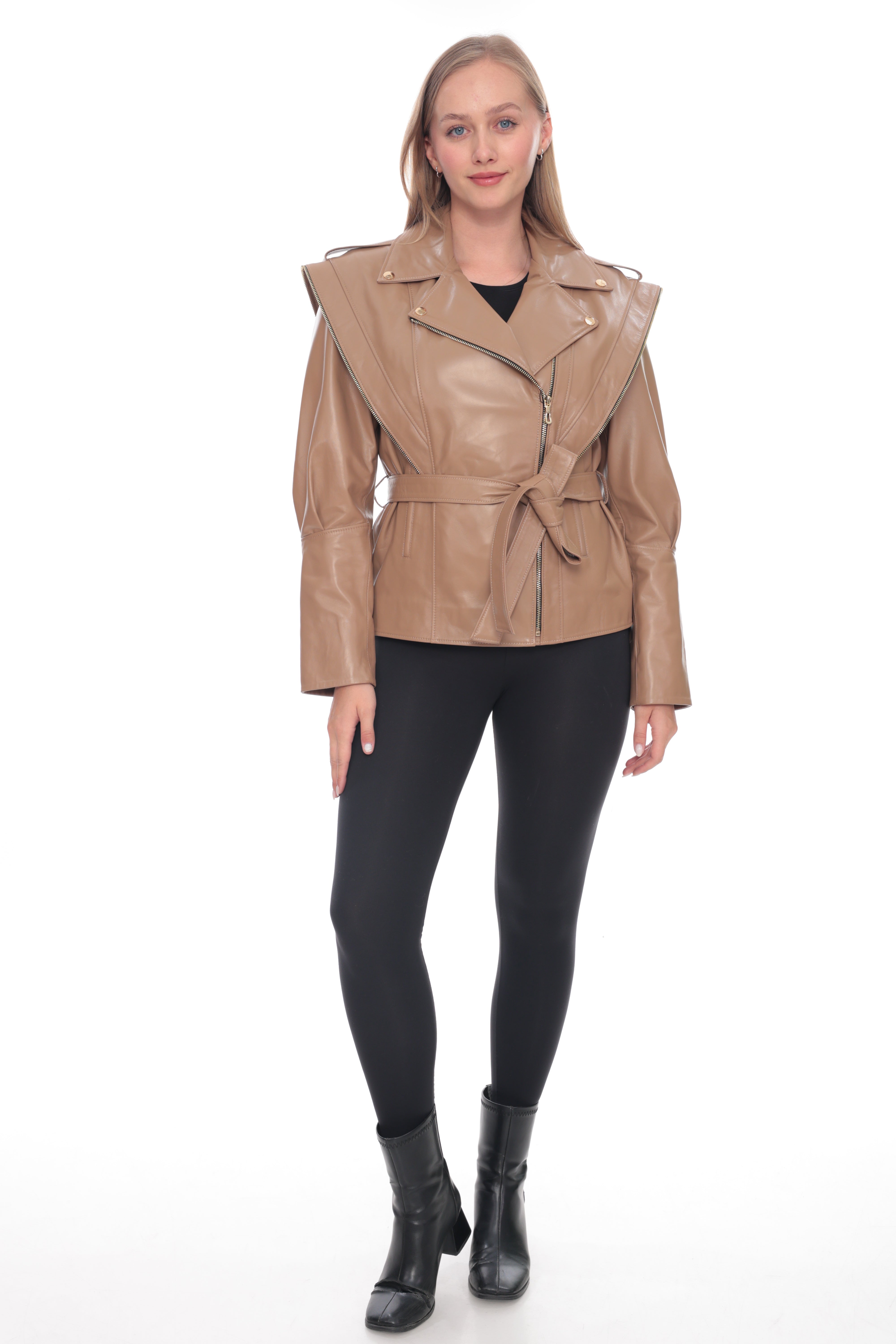 Taupe Belted Genuine Leather Jacket with Cape Detail