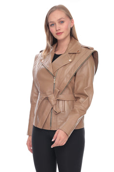 Taupe Belted Genuine Leather Jacket with Cape Detail