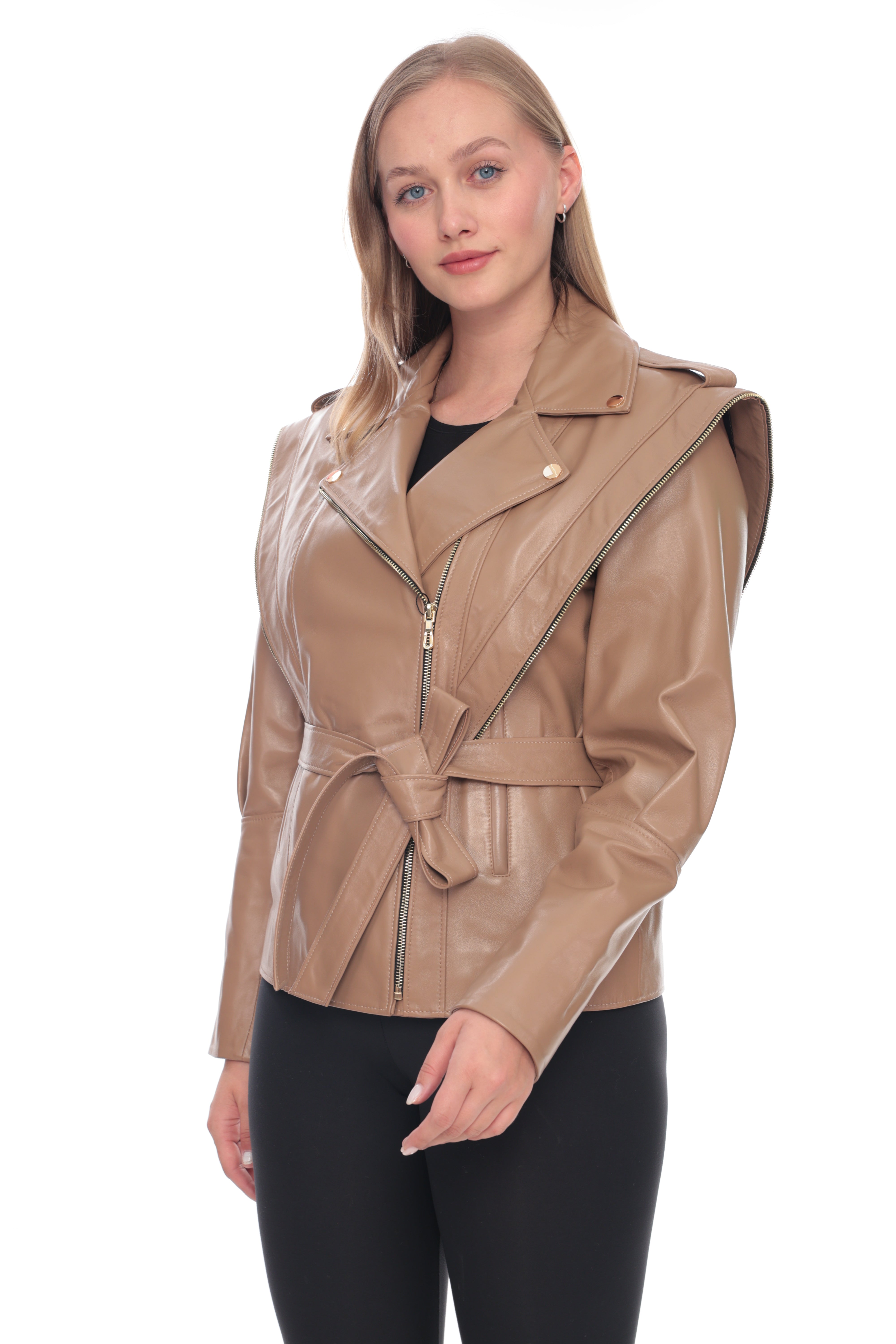 Taupe Belted Genuine Leather Jacket with Cape Detail