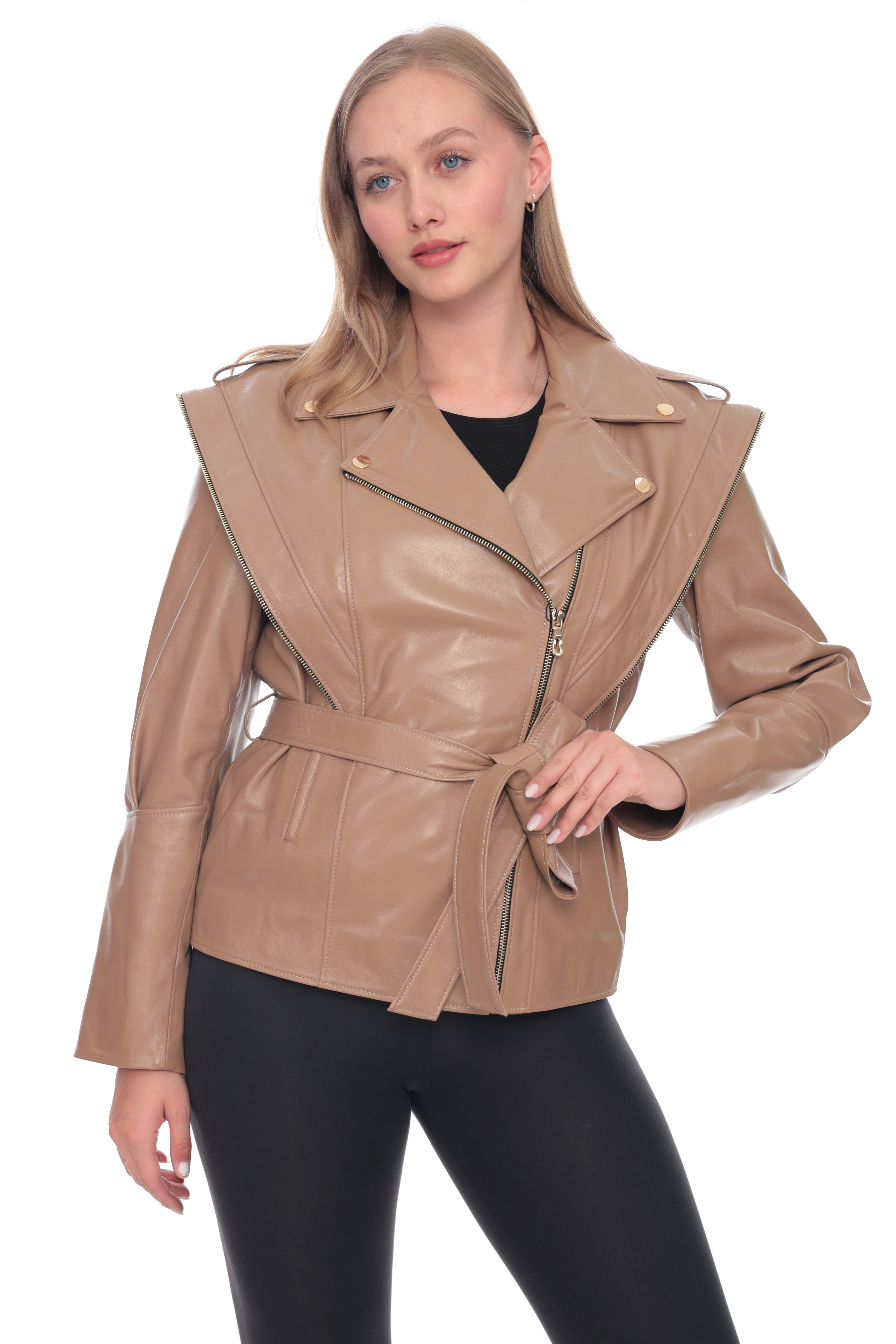 Taupe Belted Genuine Leather Jacket with Cape Detail