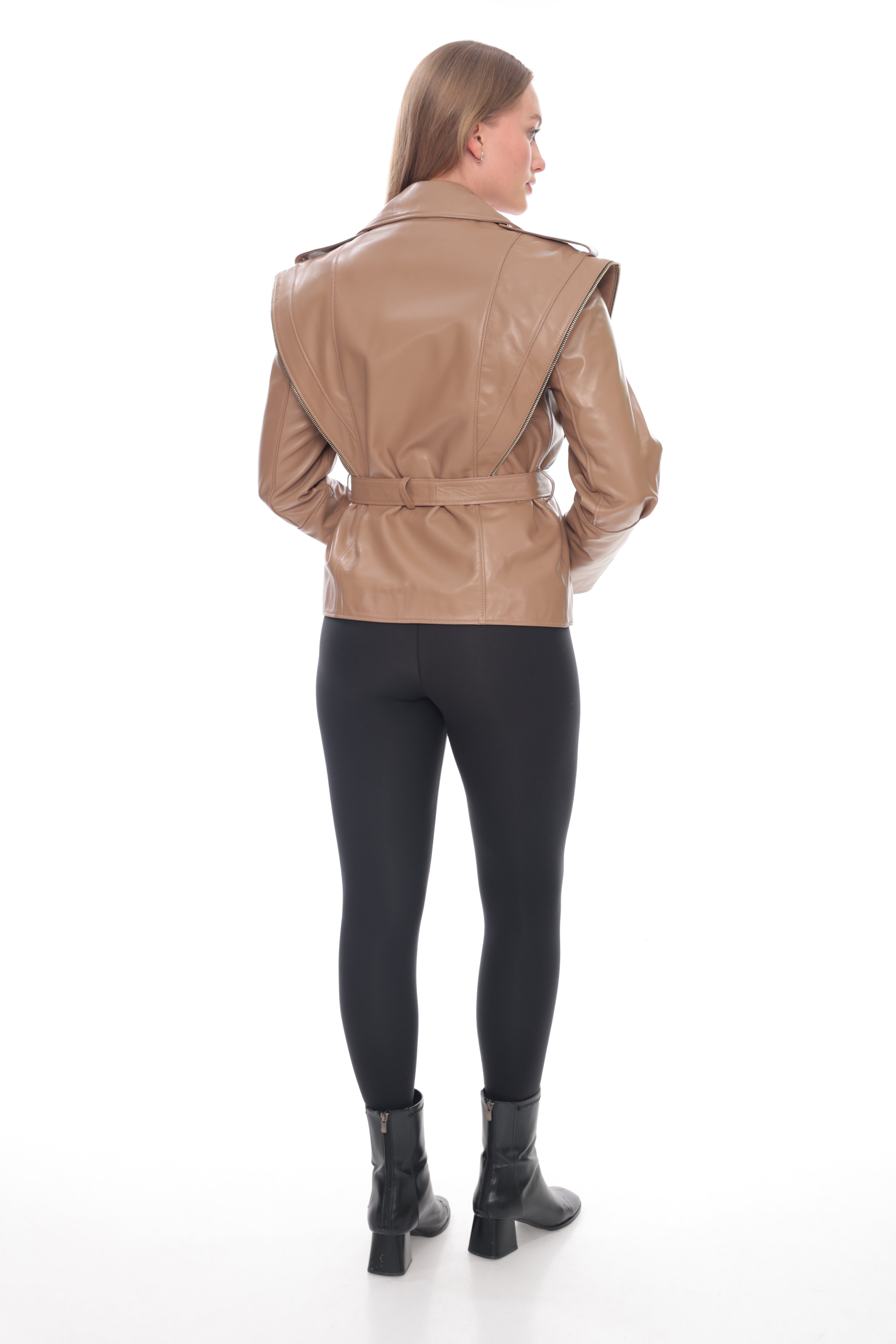 Taupe Belted Genuine Leather Jacket with Cape Detail