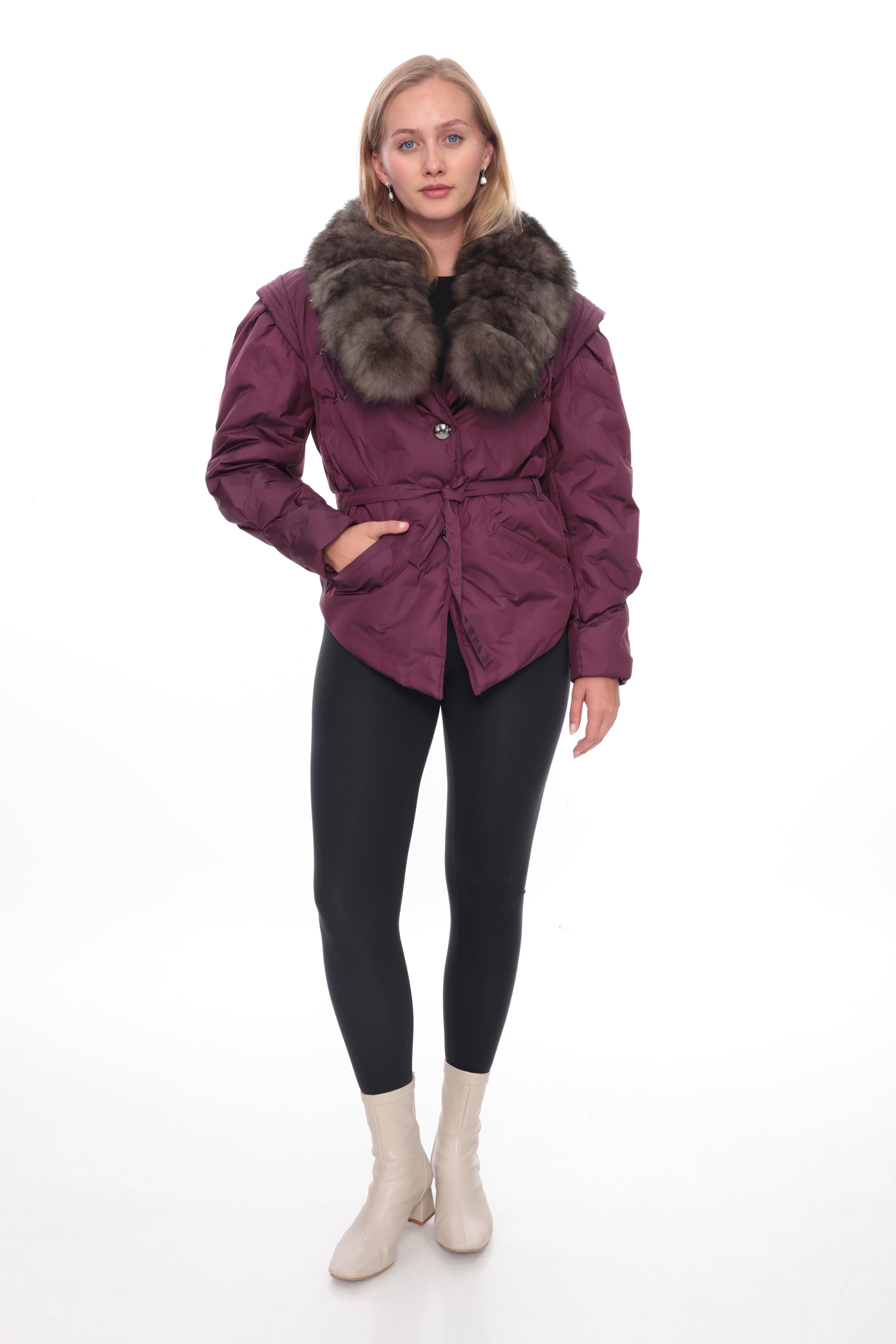 VELYRA Purple Down Puffer Parka with Fur Trim