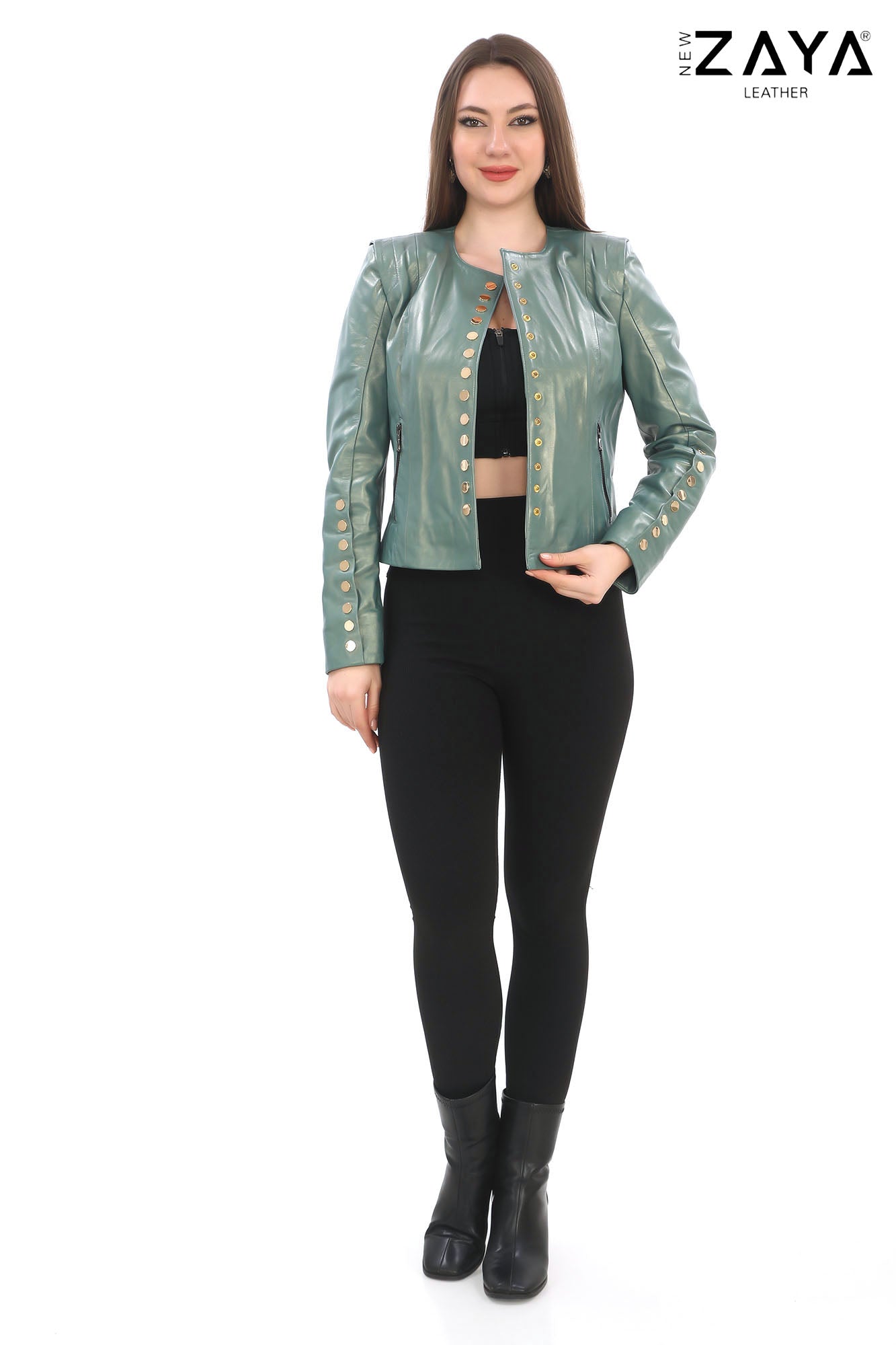 SELENE MINTA – Studded Mint Leather Jacket