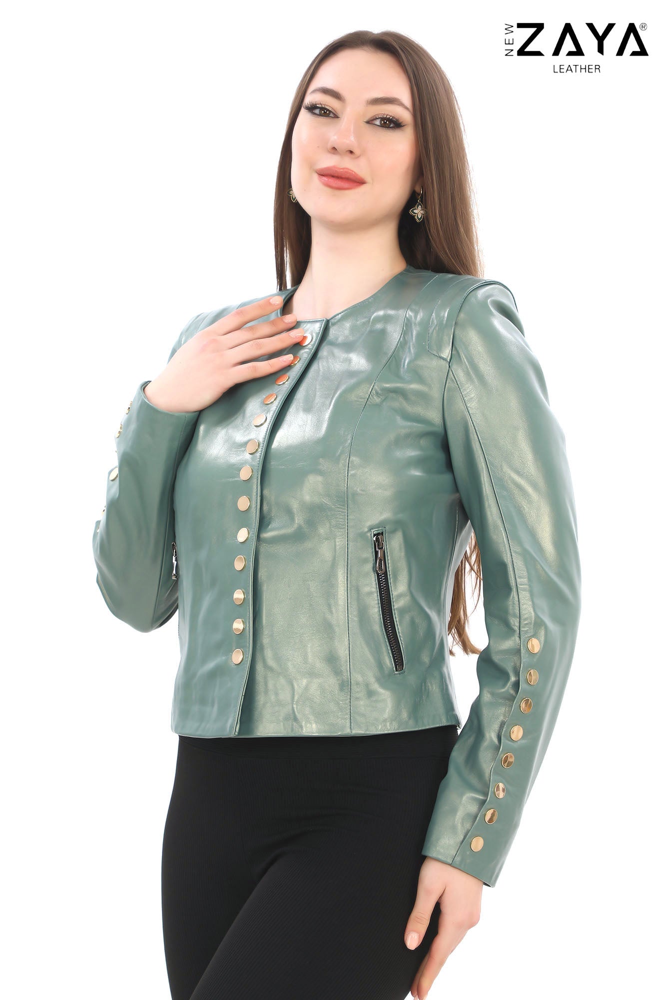 SELENE MINTA – Studded Mint Leather Jacket