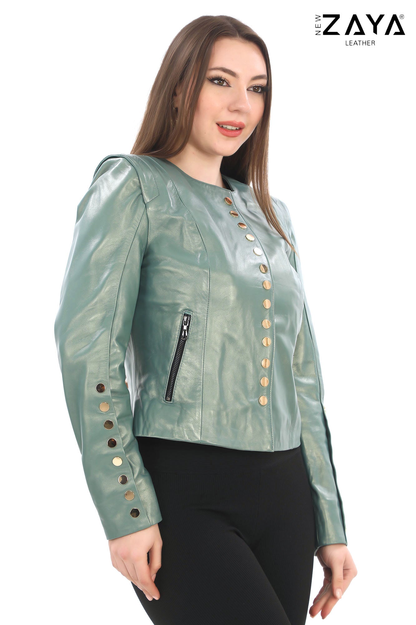 SELENE MINTA – Studded Mint Leather Jacket