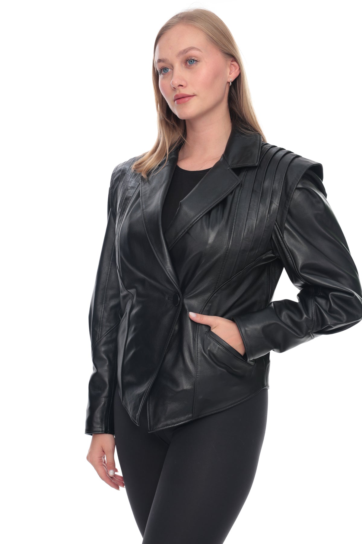 Narelle Black Genuine Leather Structured Shoulder Blazer Jacket