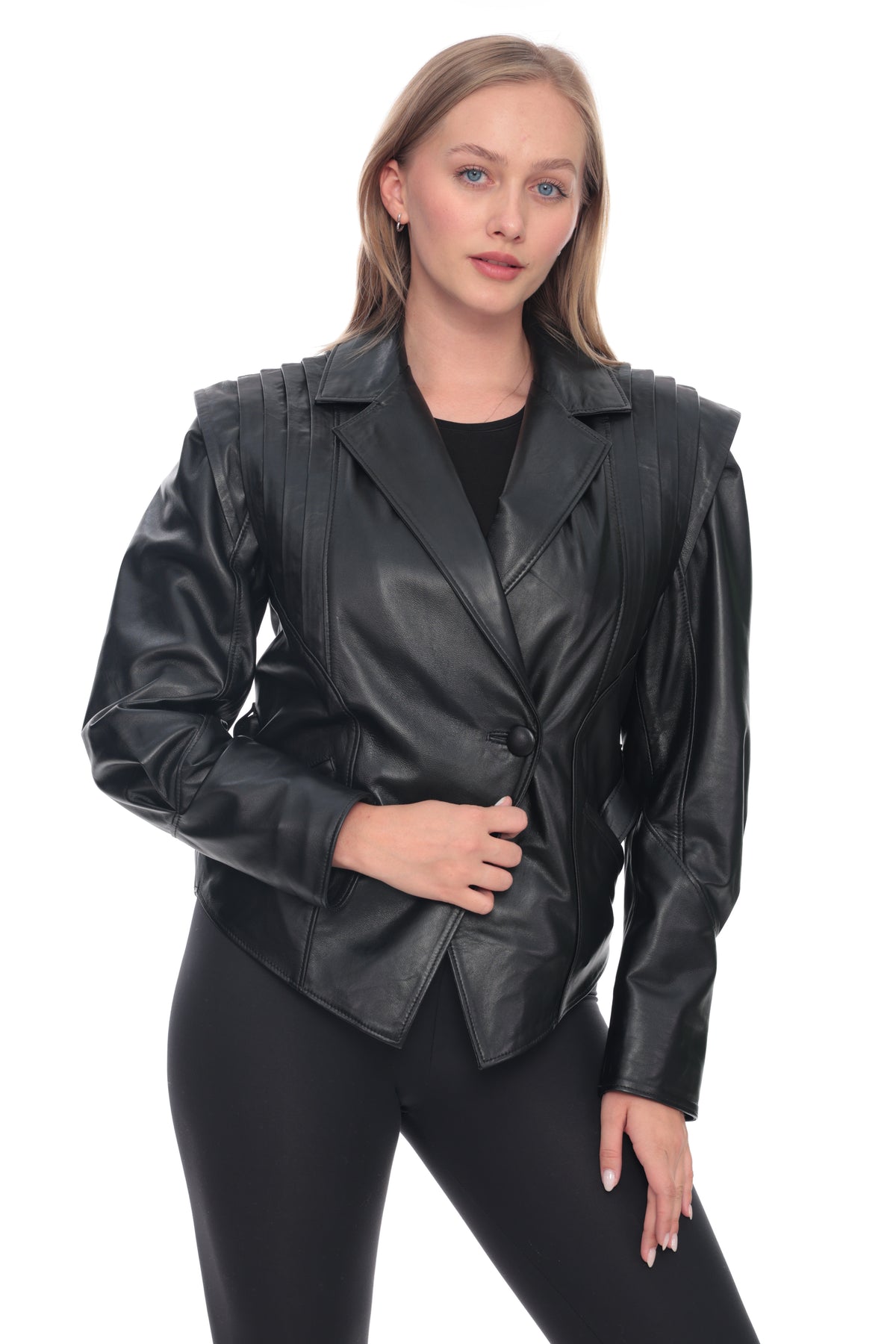 Narelle Black Genuine Leather Structured Shoulder Blazer Jacket