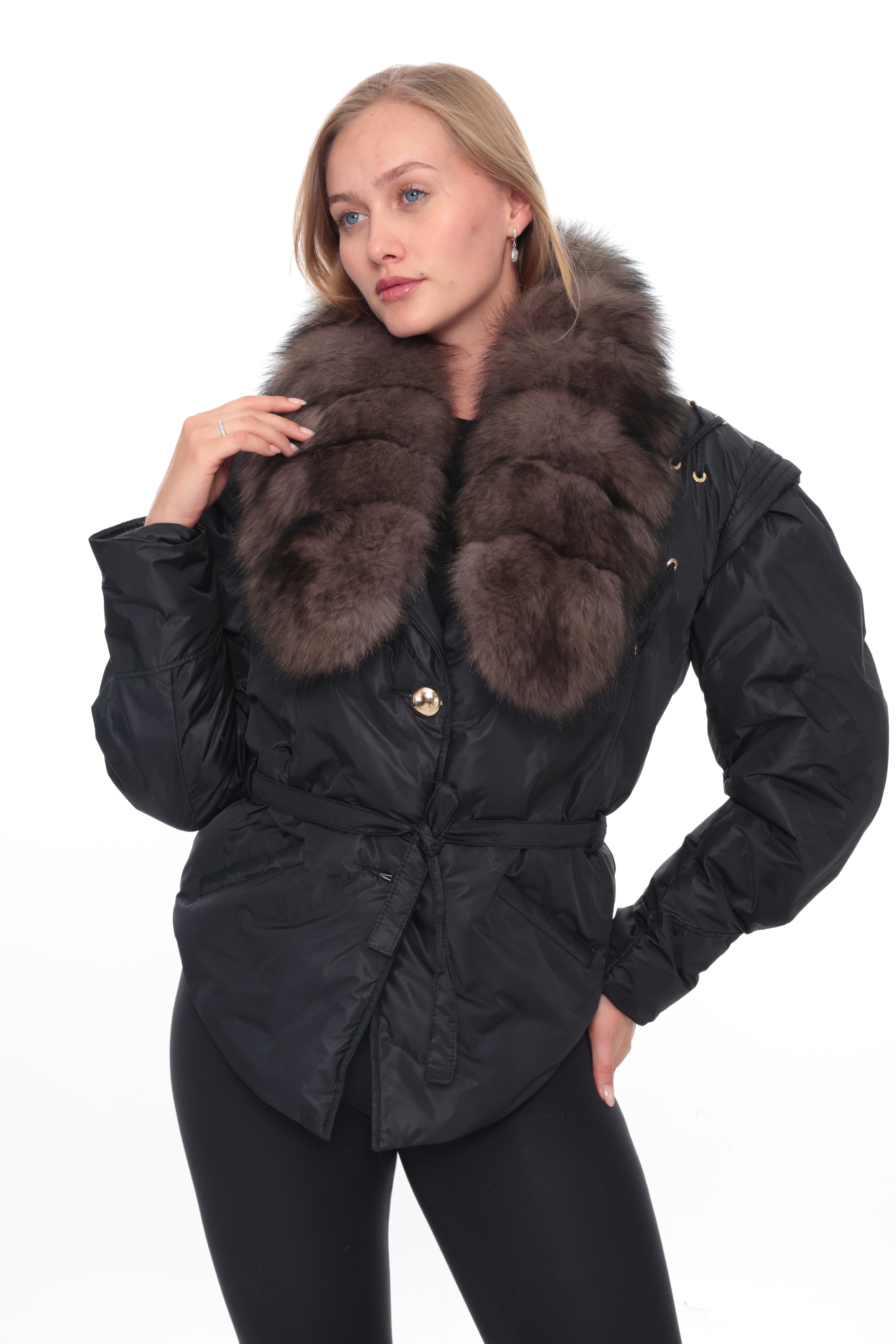 VELYRA Black Down Puffer Parka with Fur Trim