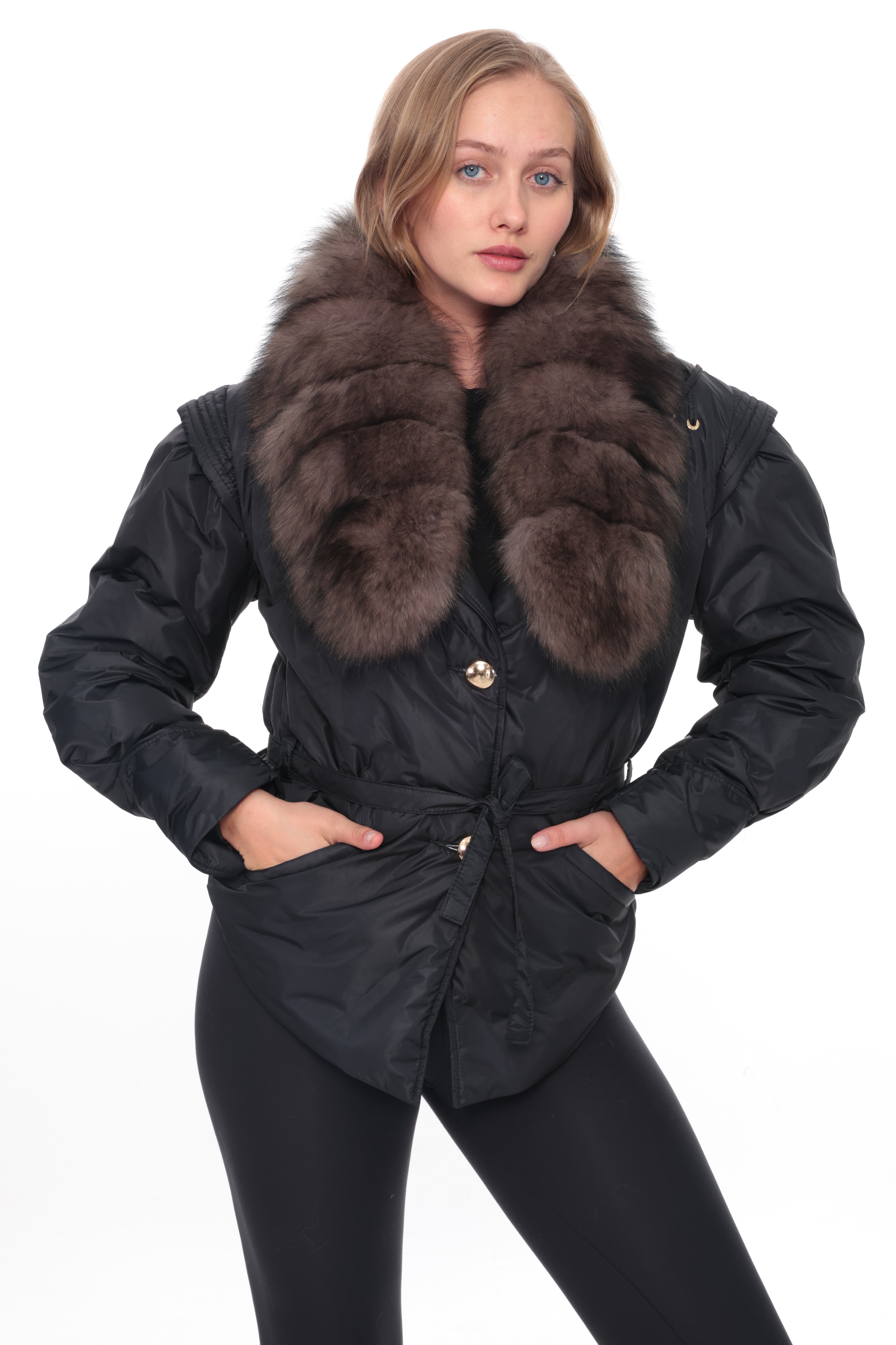 VELYRA Black Down Puffer Parka with Fur Trim