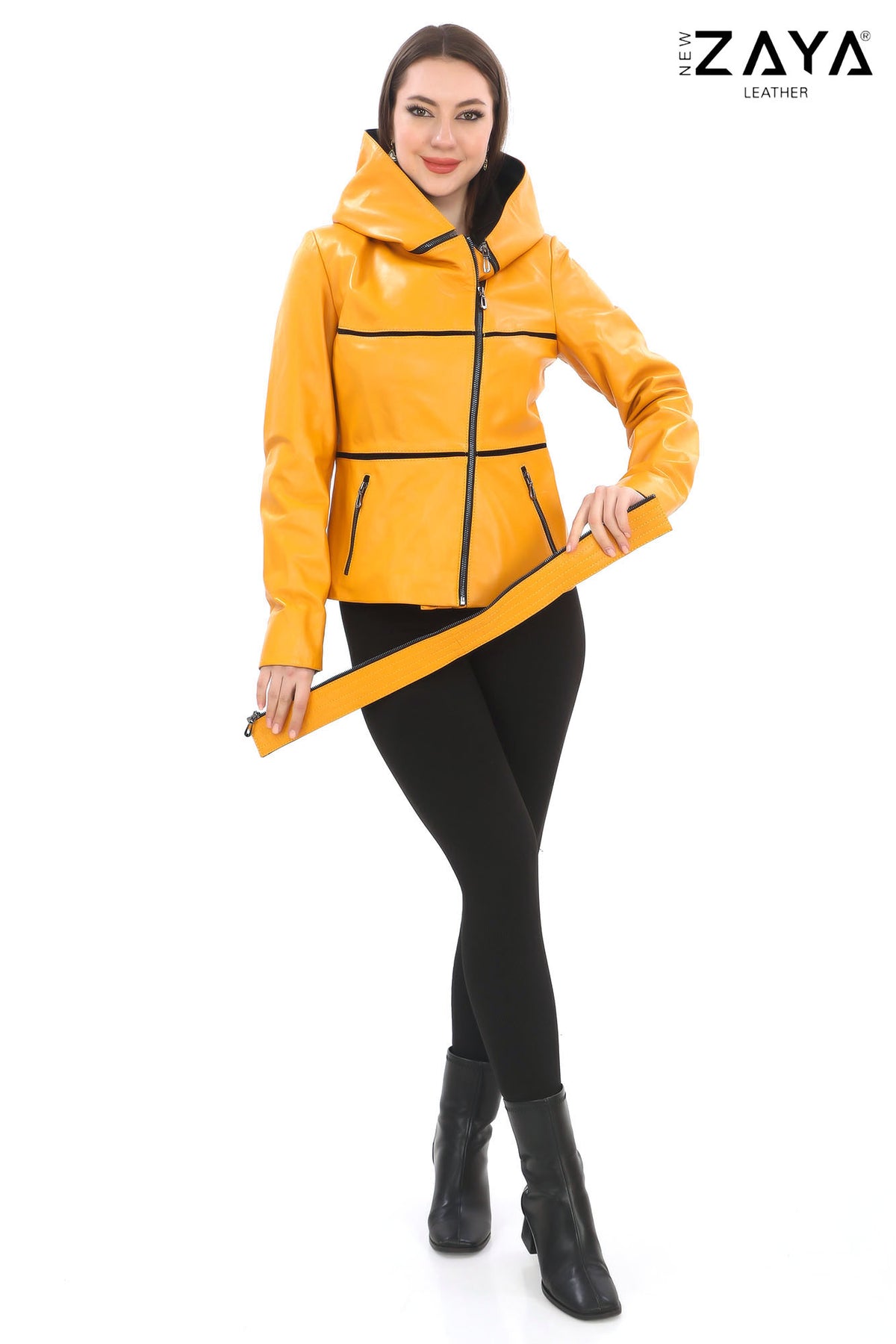 JAEEN Yellow Genuine Lambskin Leather Jacket with Detachable Hood