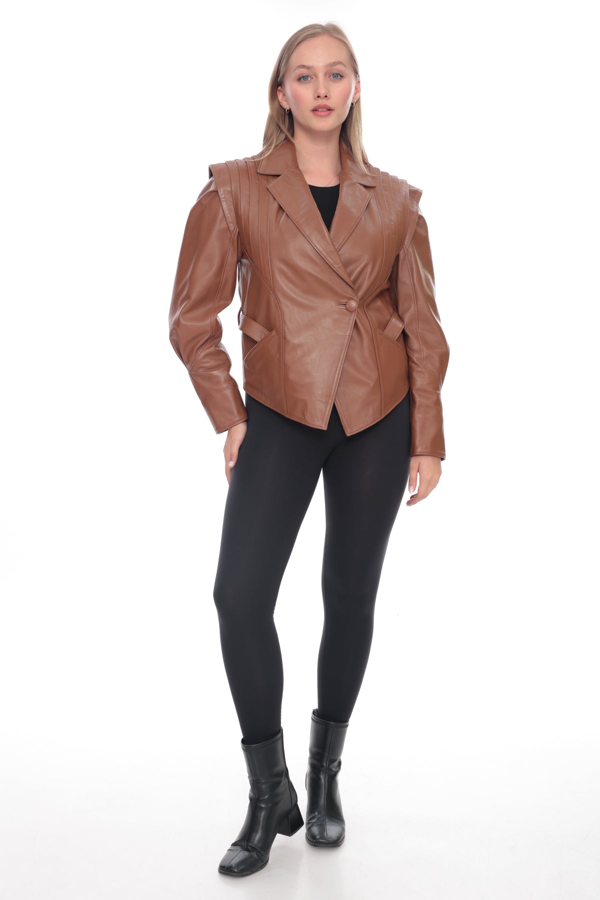 Narelle Brown Genuine Leather Structured Shoulder Blazer Jacket