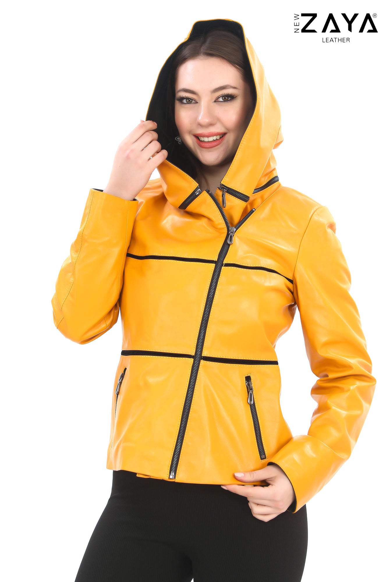 JAEEN Yellow Genuine Lambskin Leather Jacket with Detachable Hood