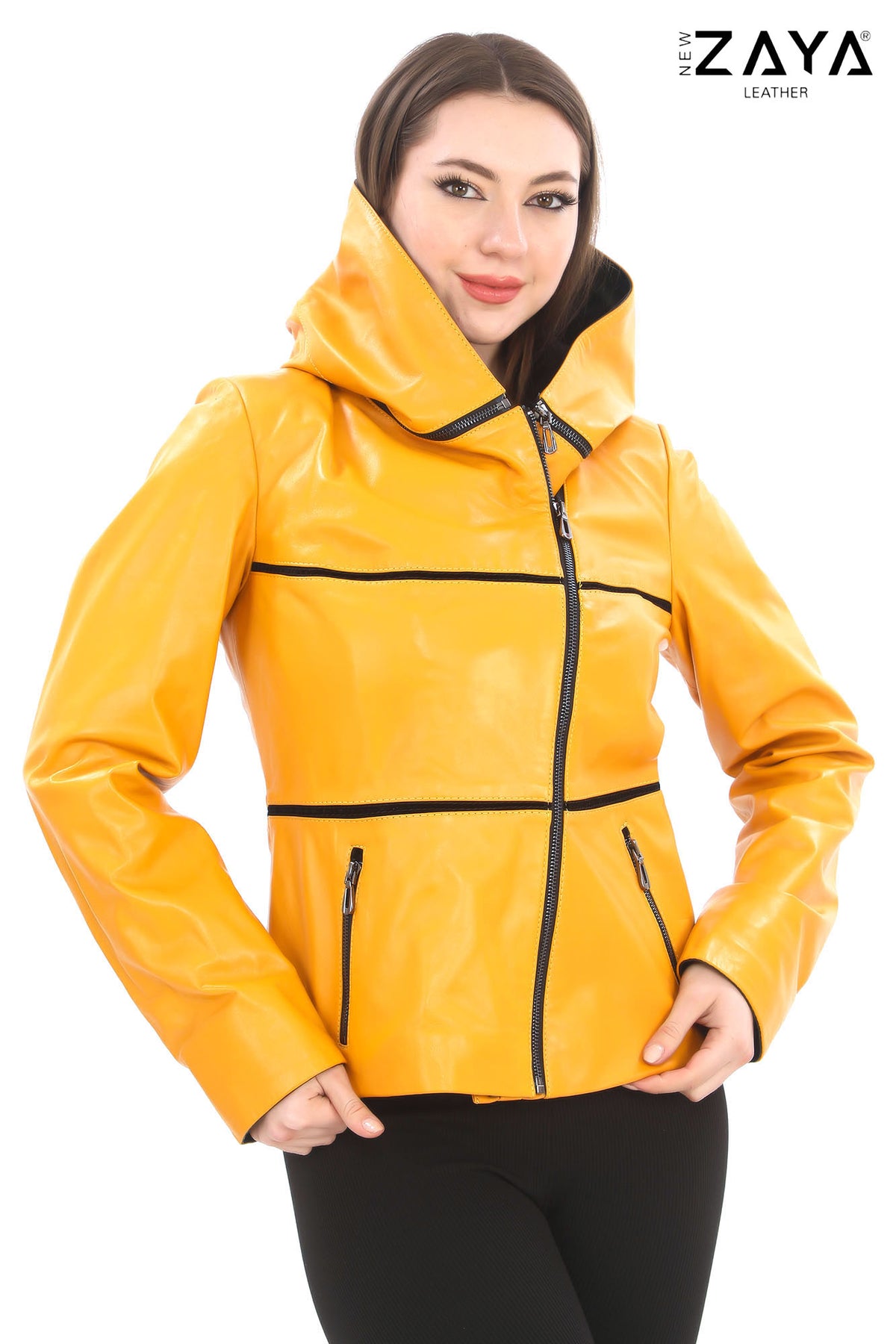 JAEEN Yellow Genuine Lambskin Leather Jacket with Detachable Hood