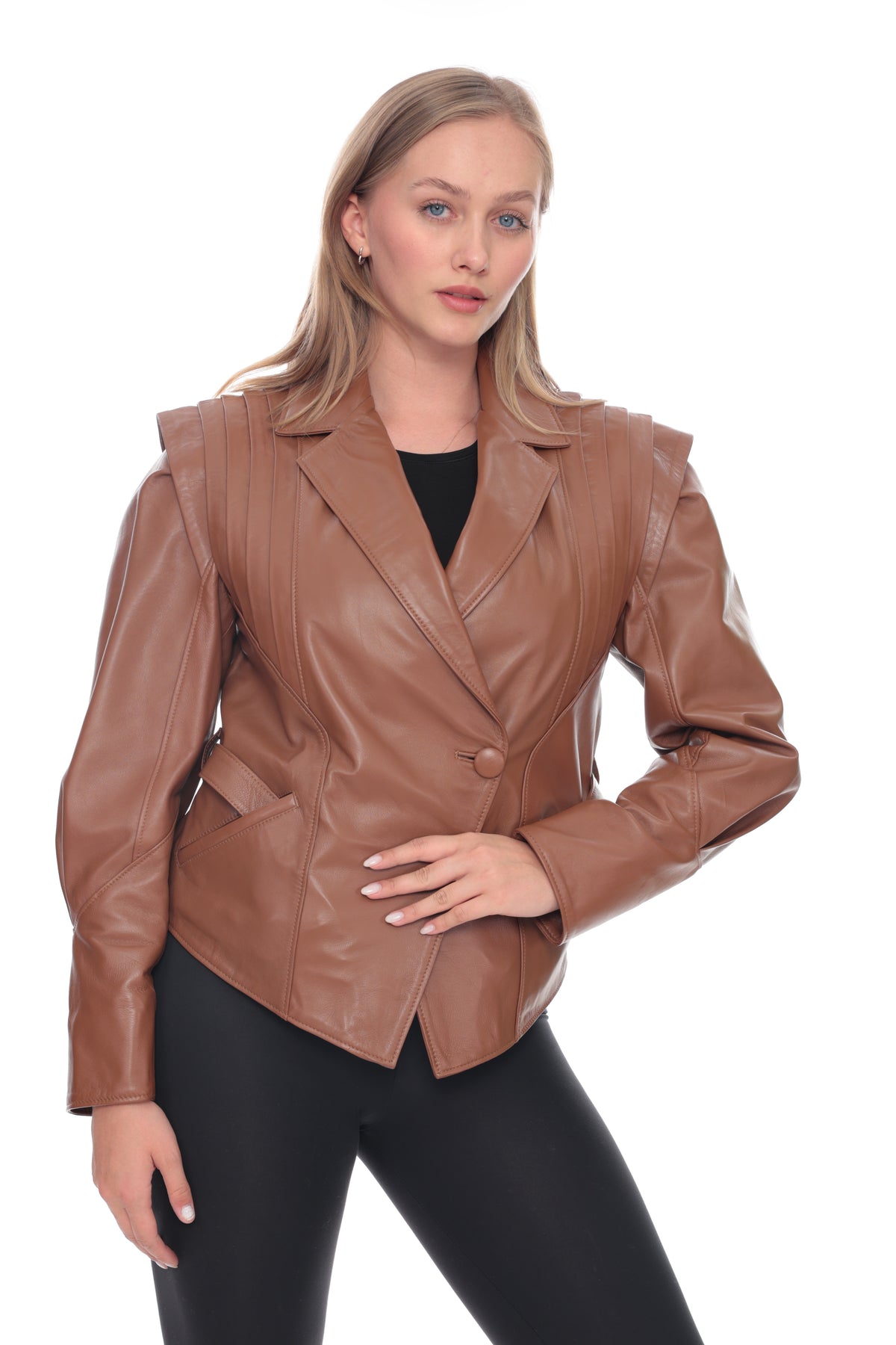 Narelle Brown Genuine Leather Structured Shoulder Blazer Jacket