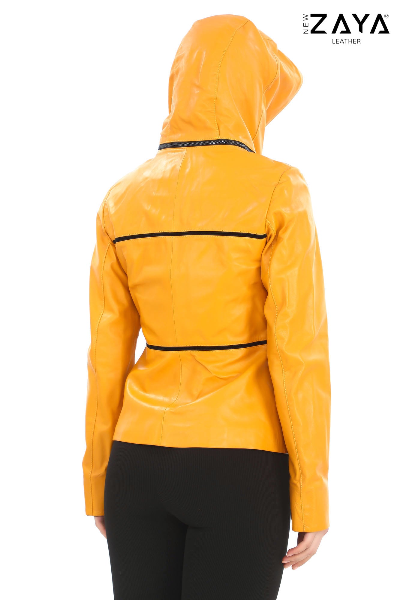 JAEEN Yellow Genuine Lambskin Leather Jacket with Detachable Hood