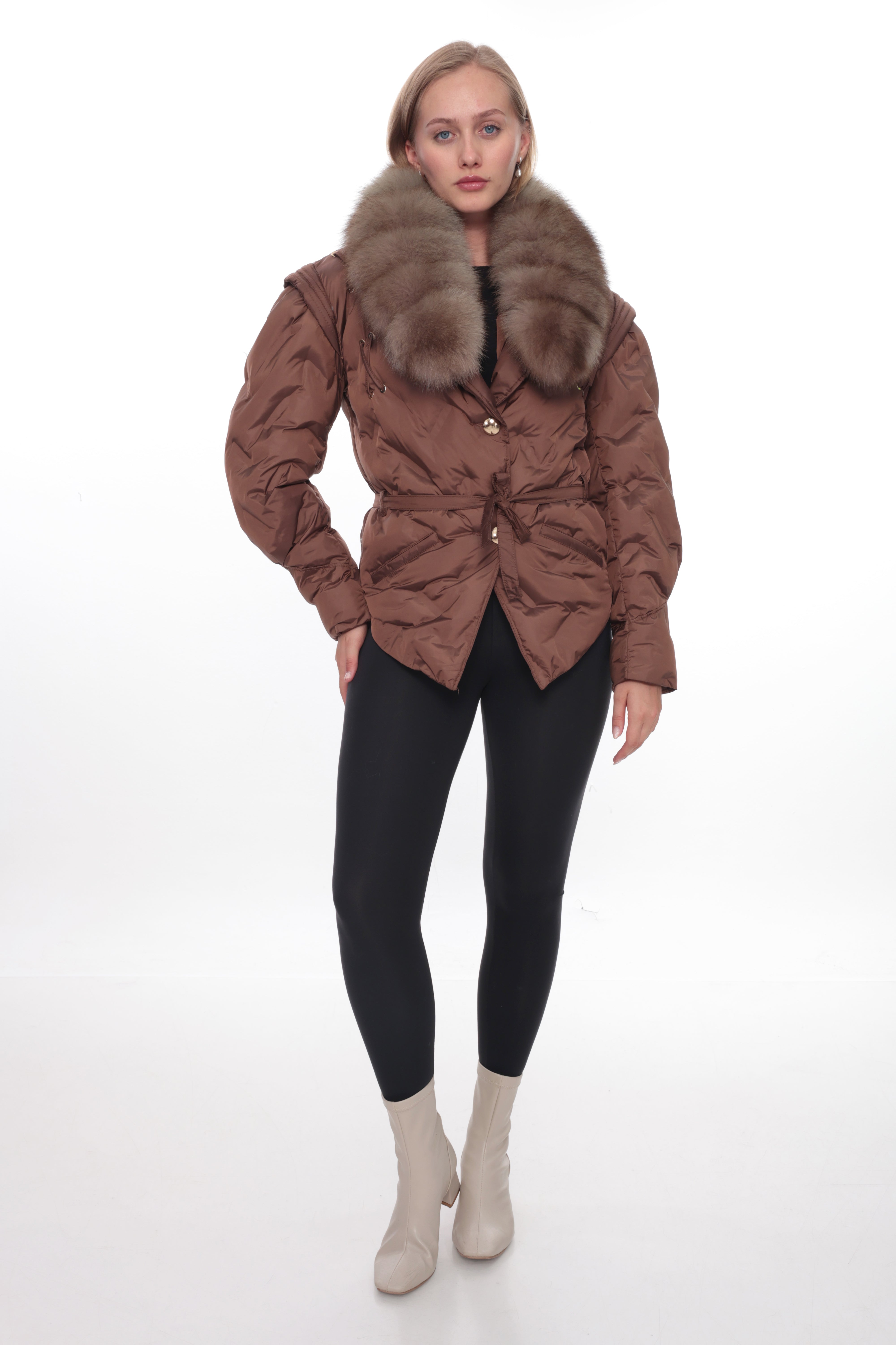 VELYRA Brown Down Puffer Parka with Fur Trim