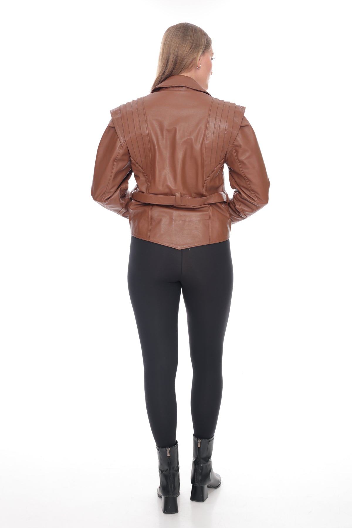 Narelle Brown Genuine Leather Structured Shoulder Blazer Jacket