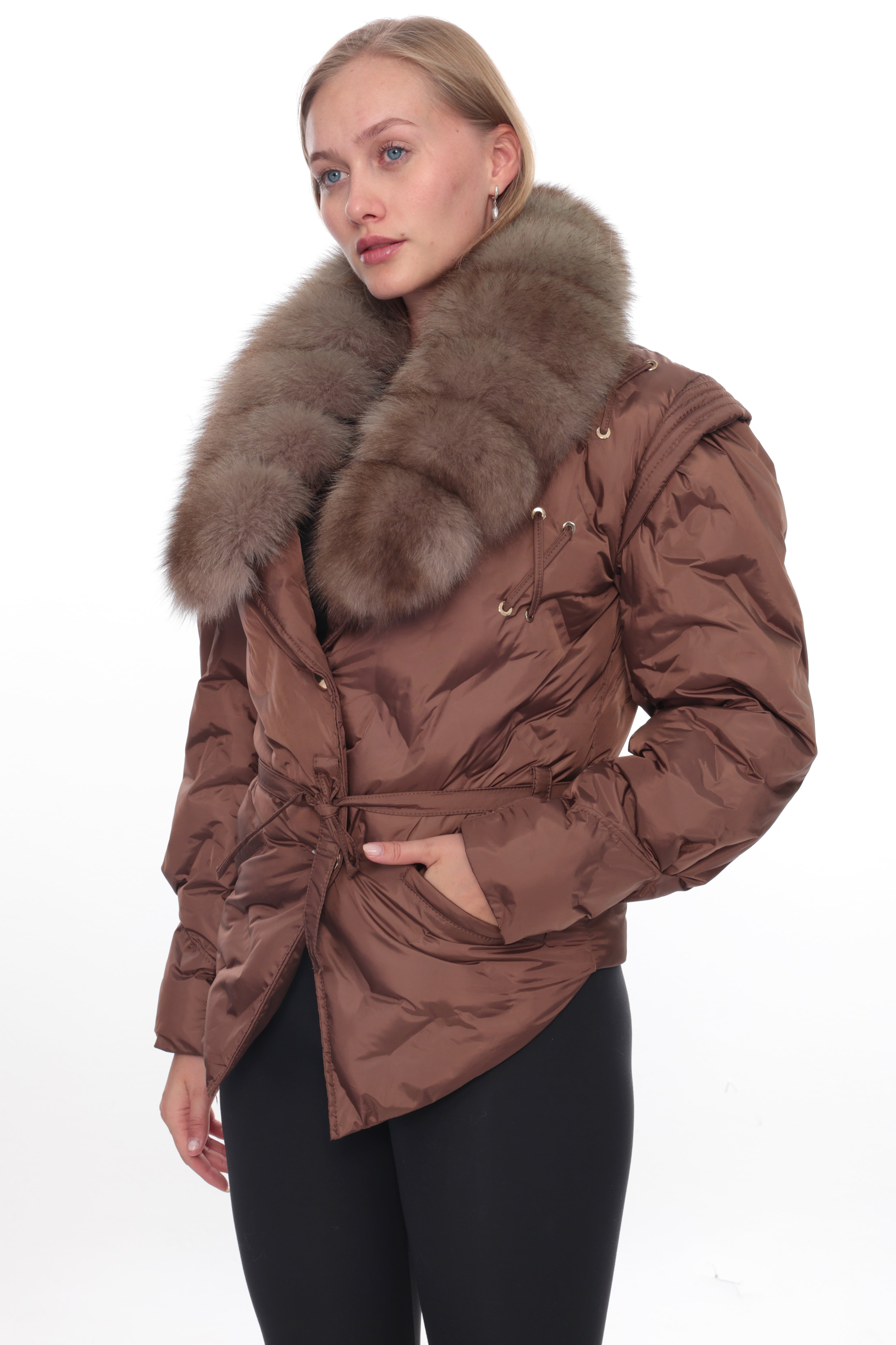 VELYRA Brown Down Puffer Parka with Fur Trim