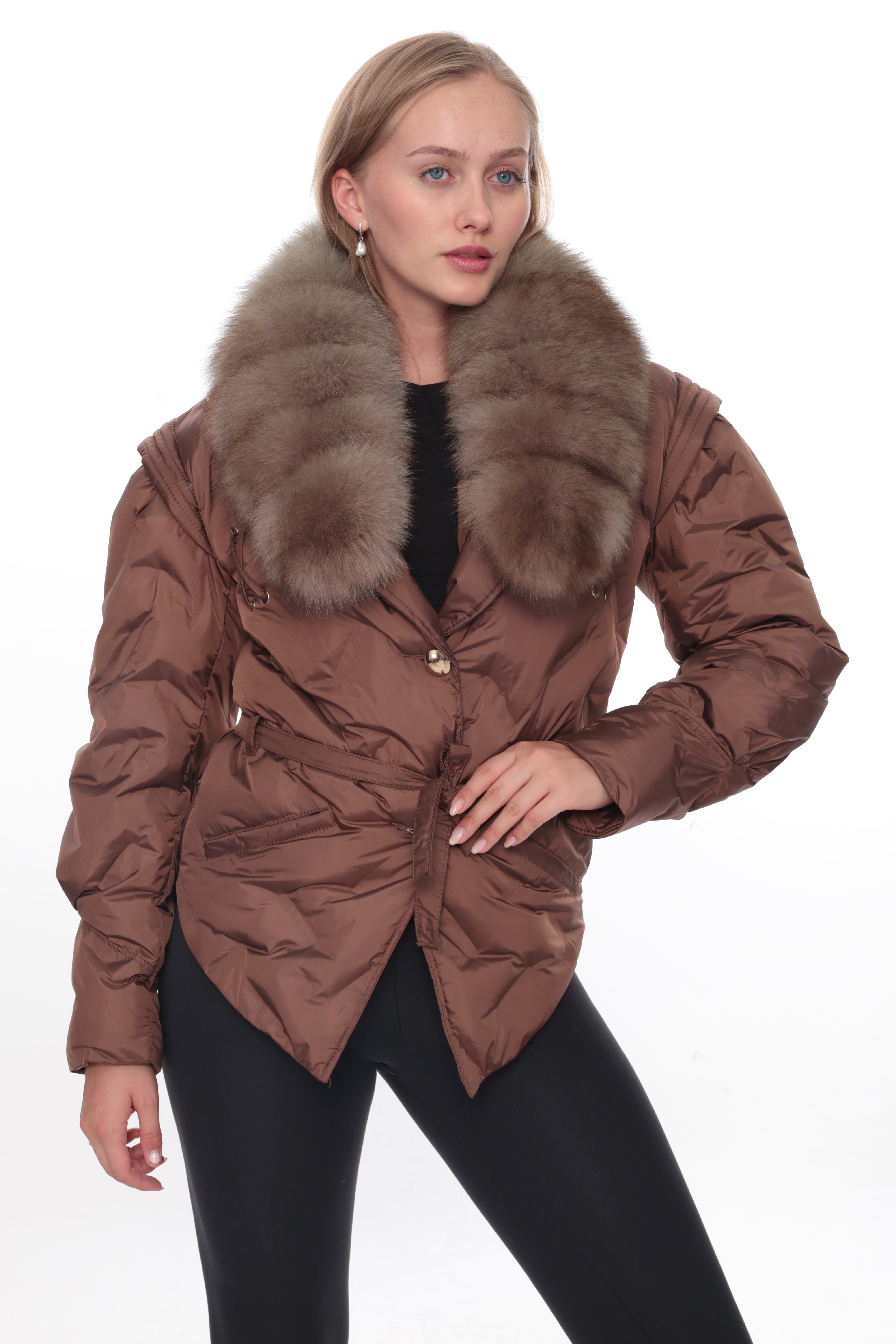VELYRA Brown Down Puffer Parka with Fur Trim