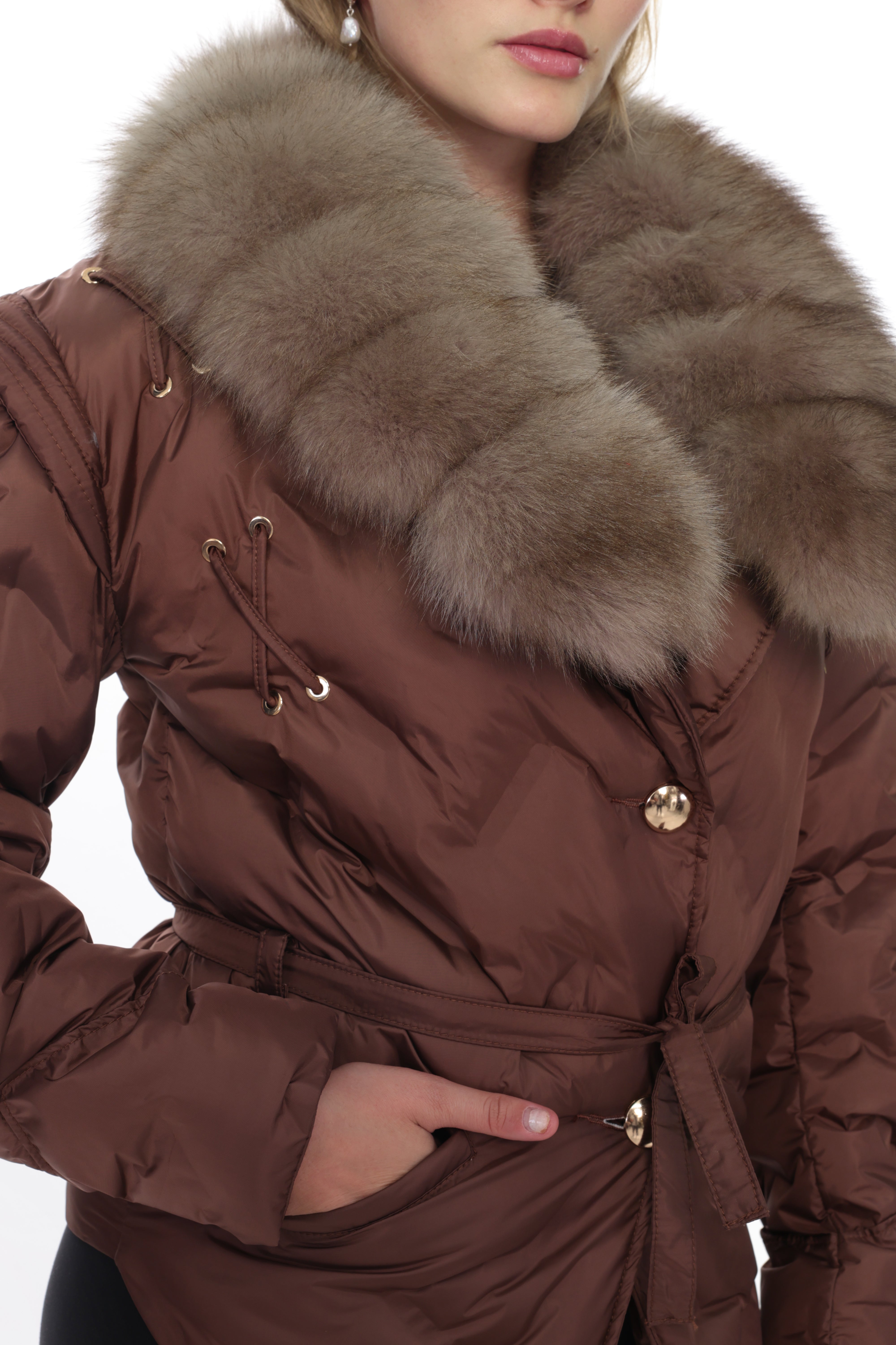 VELYRA Brown Down Puffer Parka with Fur Trim
