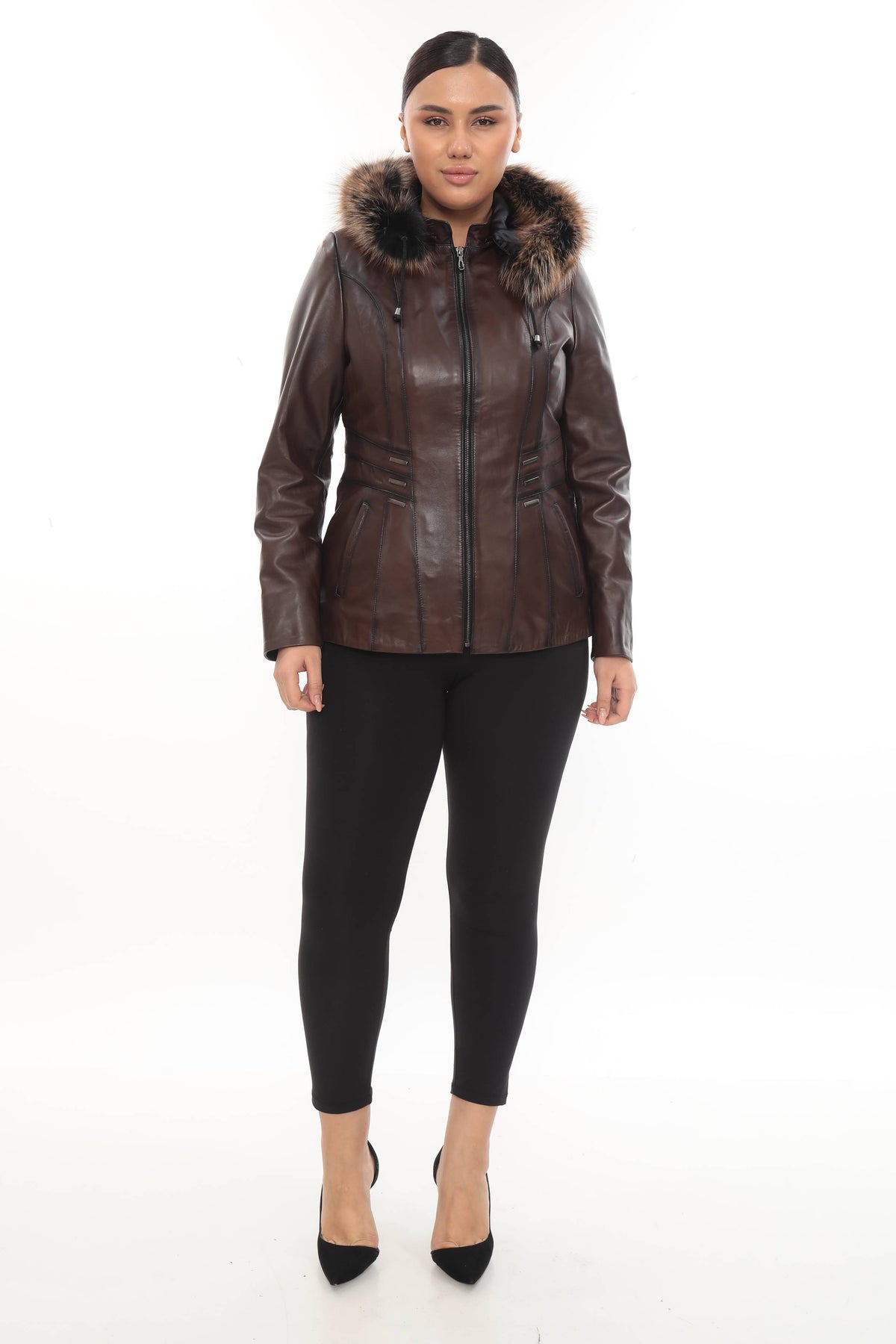 ELIVE BROWN Fur Hooded Leather Jacket
