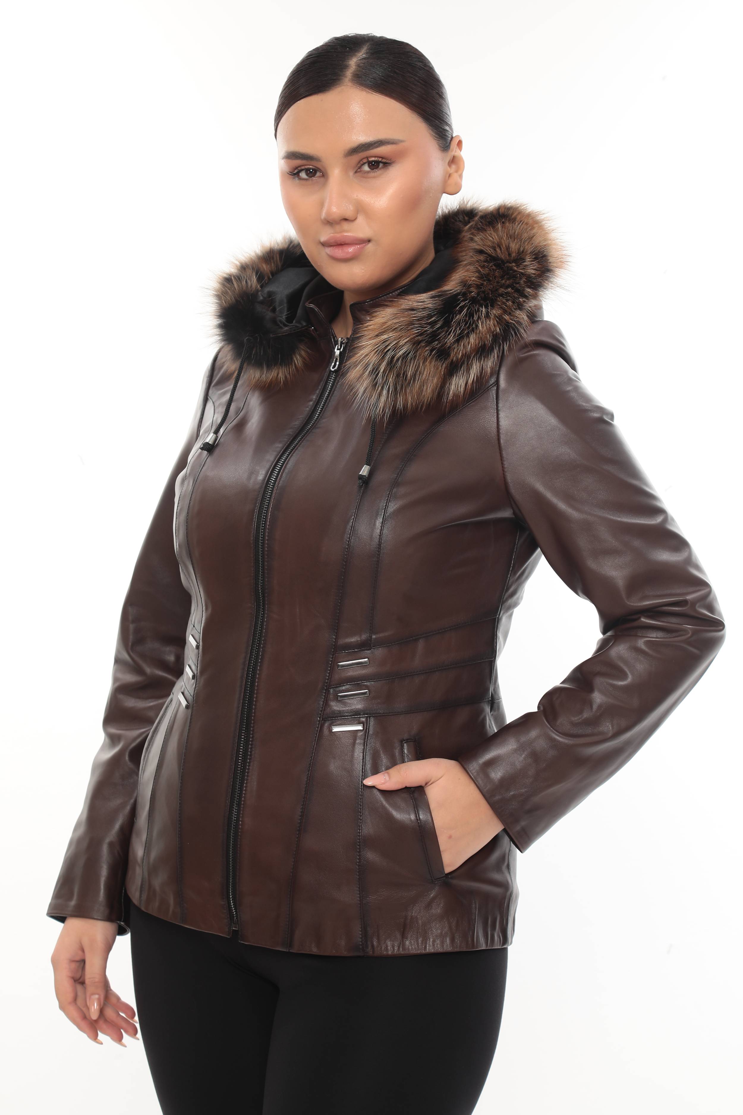 ELIVE BROWN Fur Hooded Leather Jacket