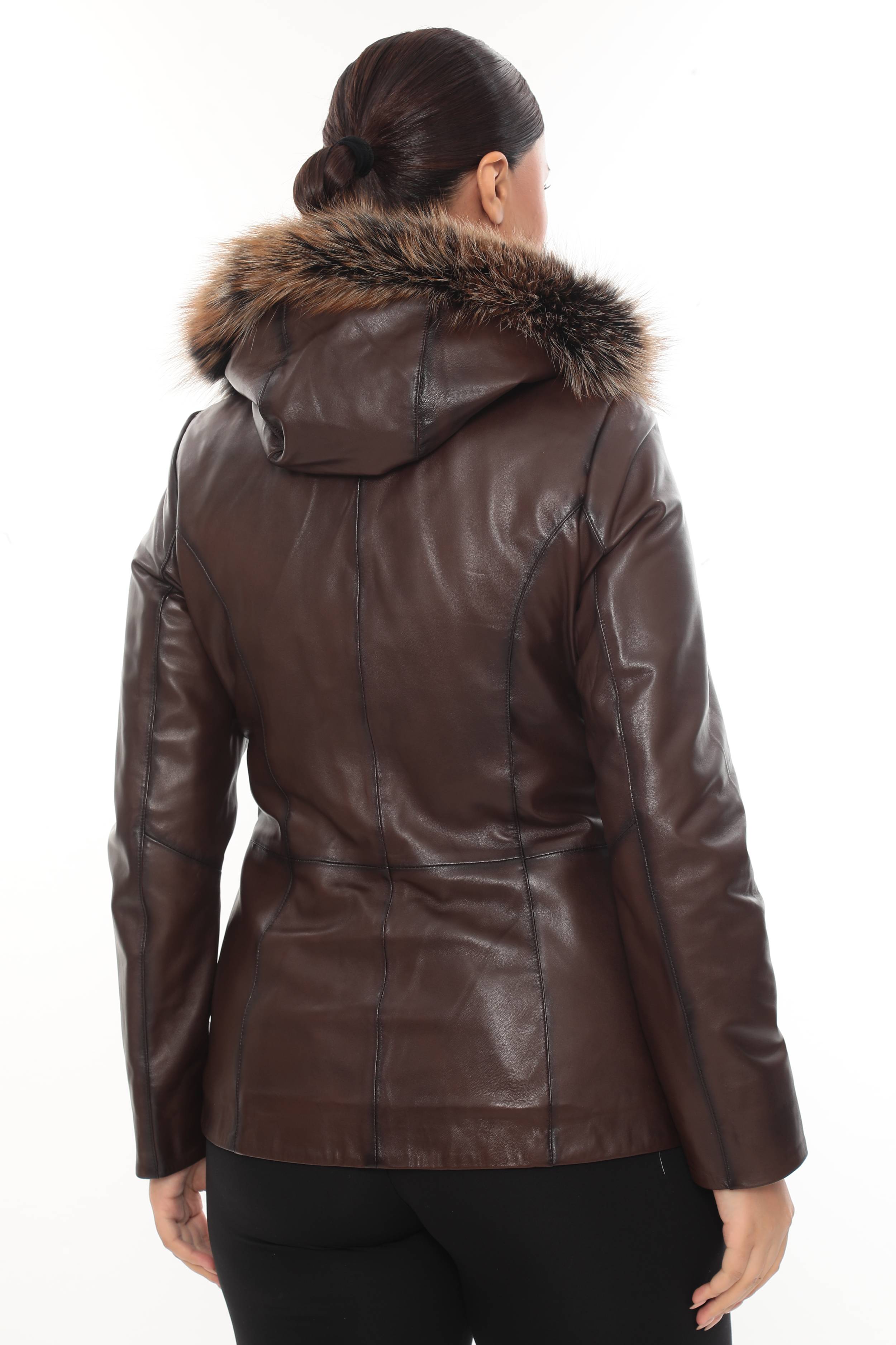 ELIVE BROWN Fur Hooded Leather Jacket