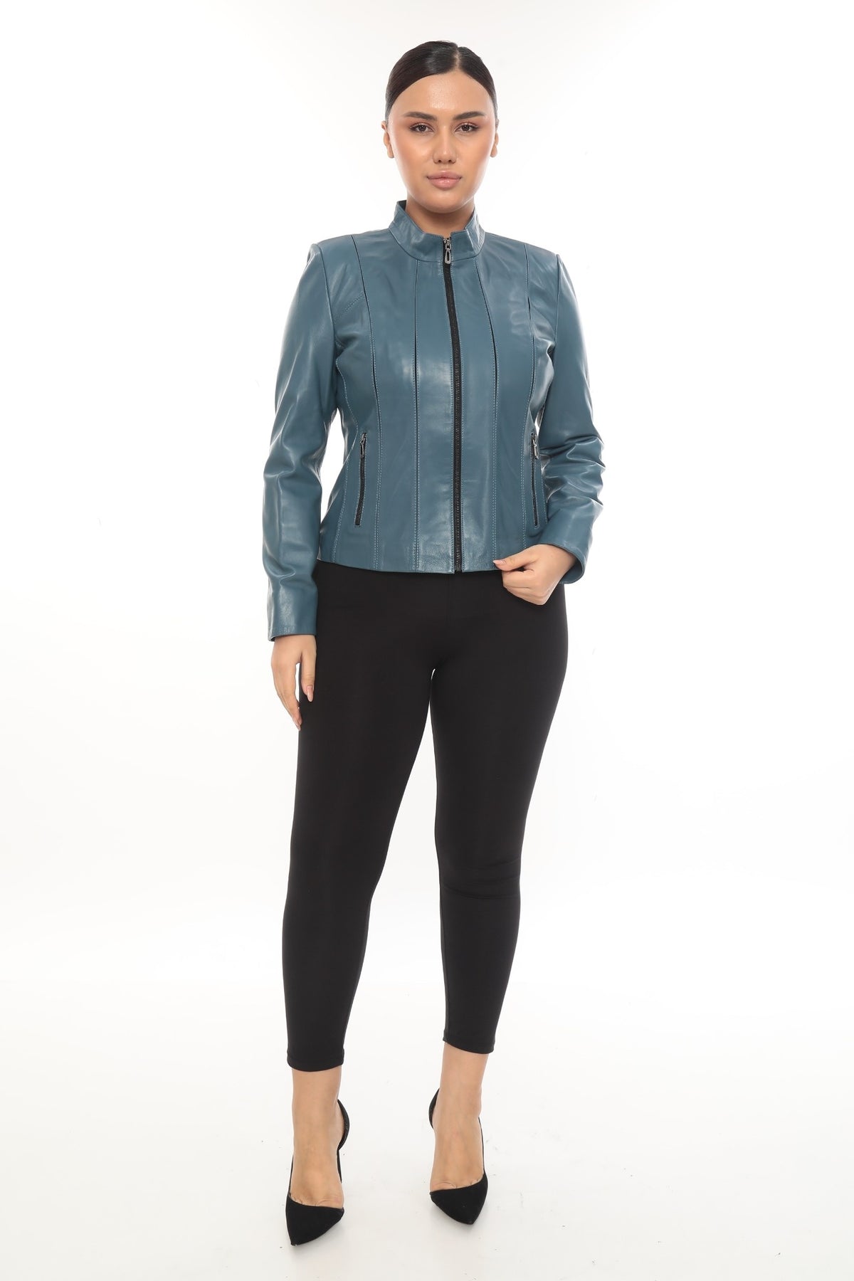 Norelle Genuine Lambskin Black Leather Jacket with Stand Collar and Tailored Fit Turquoise