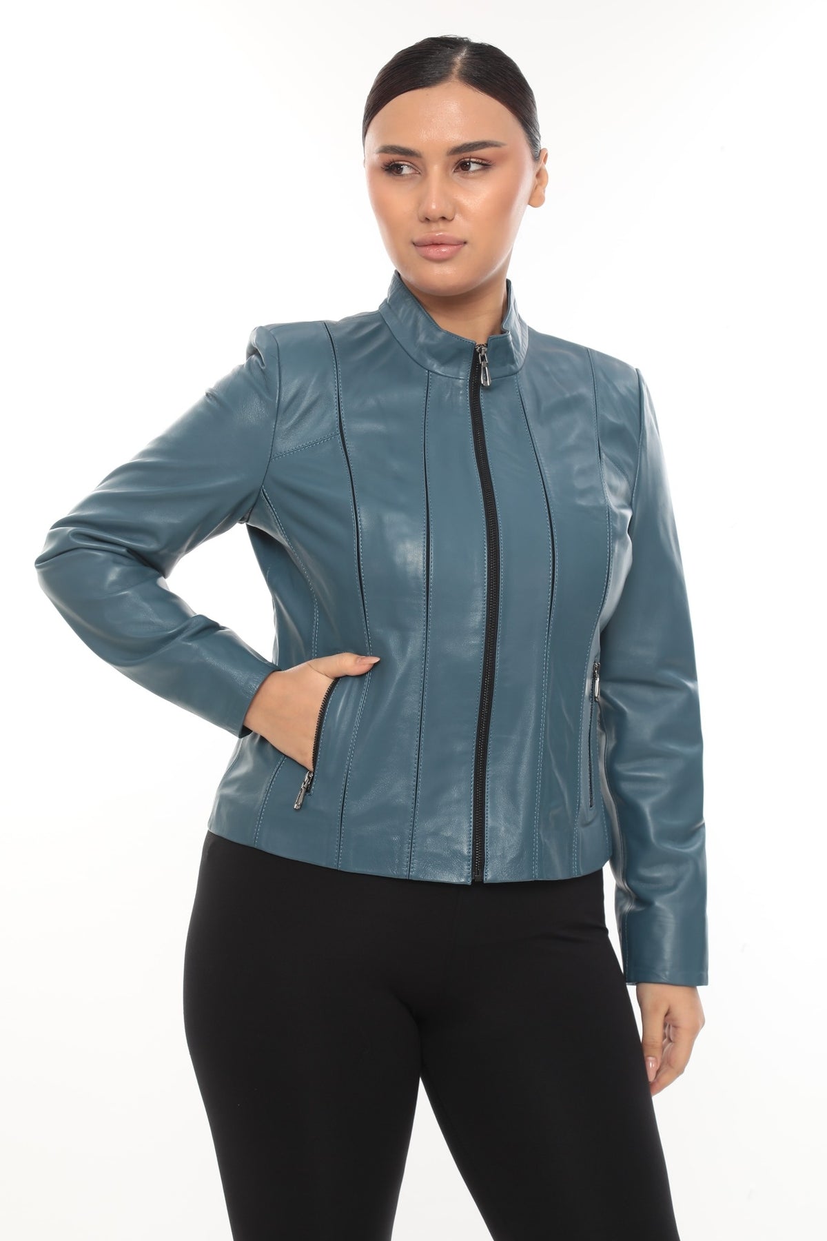 Norelle Genuine Lambskin Black Leather Jacket with Stand Collar and Tailored Fit Turquoise