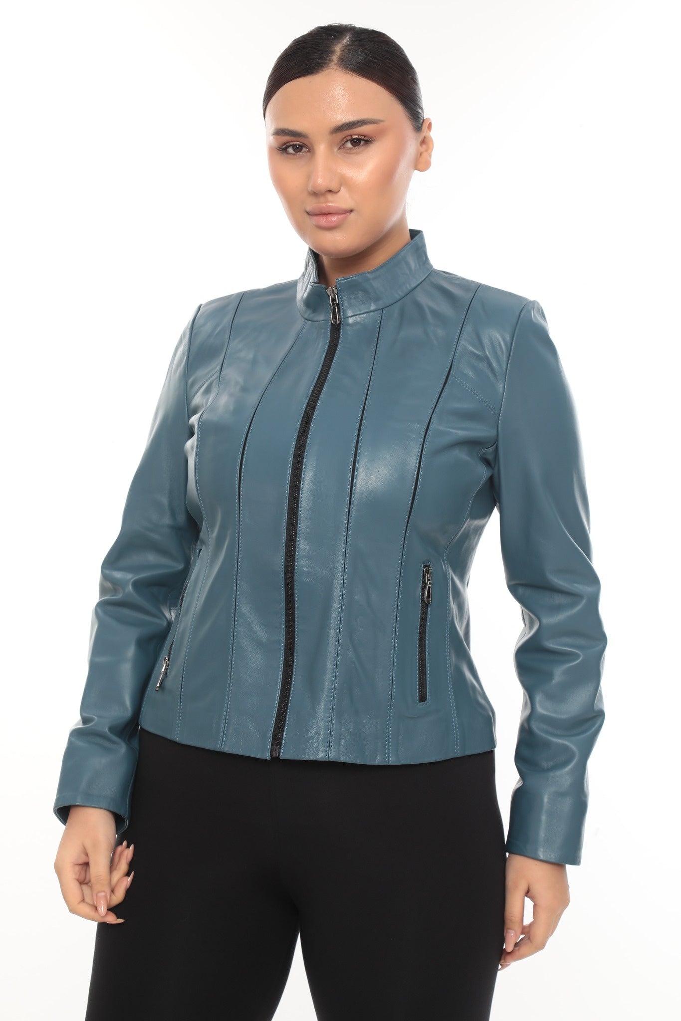 Norelle Genuine Lambskin Black Leather Jacket with Stand Collar and Tailored Fit Turquoise