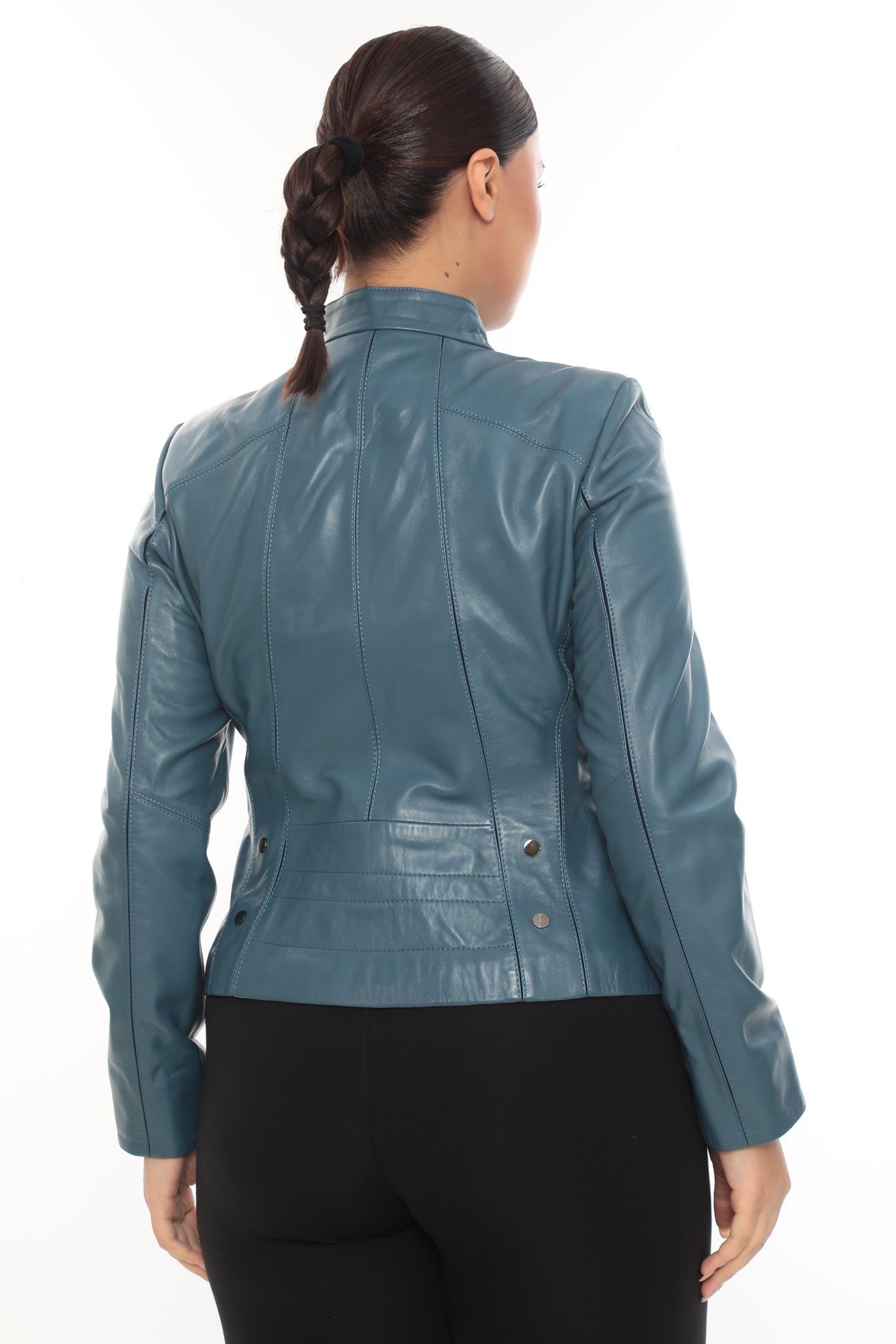 Norelle Genuine Lambskin Black Leather Jacket with Stand Collar and Tailored Fit Turquoise