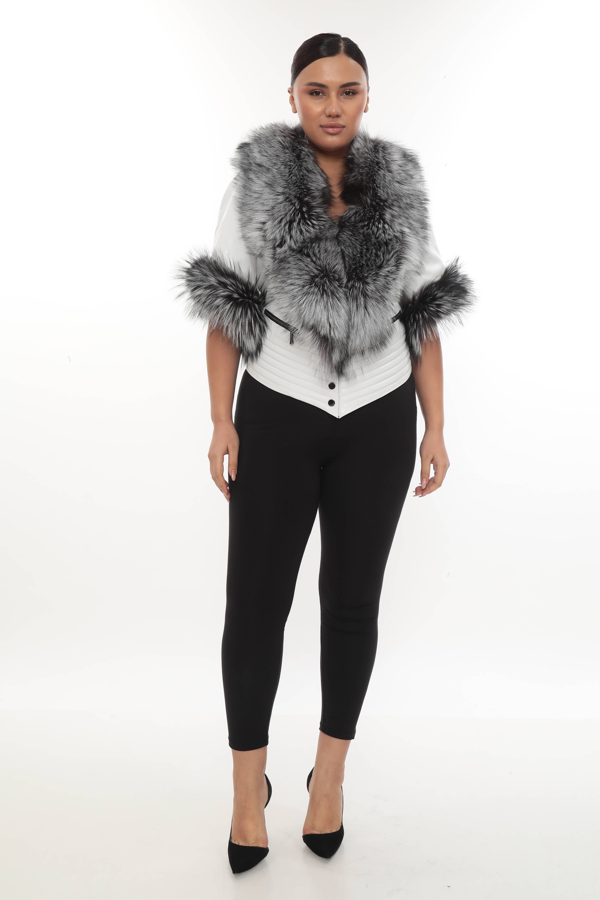 NOIR ÉLÉGANCE Women’s White Leather Jacket with Silver Fox Fur
