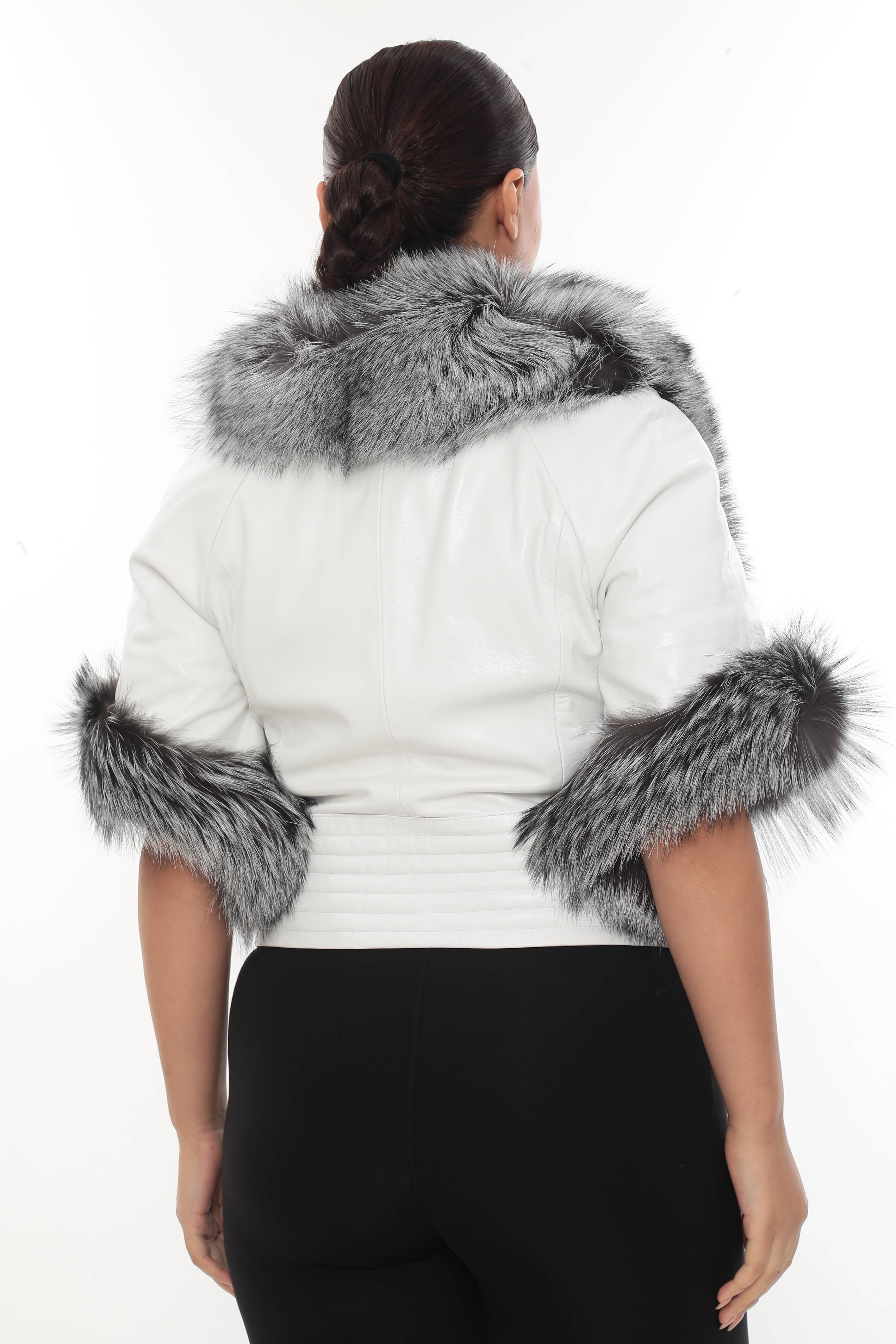 NOIR ÉLÉGANCE Women’s White Leather Jacket with Silver Fox Fur